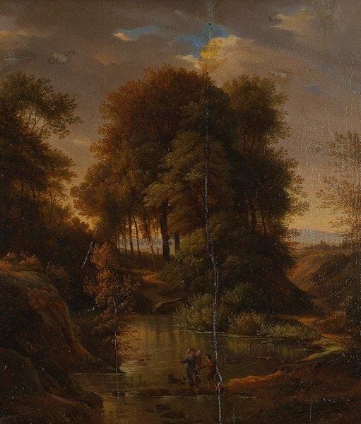 Karl Ludwig FROMMEL (Birkenfeld 1789 - Ispringen 1863)
Tobie et l'ange. Panneau renforcé. Signé et daté en bas à droite L Frommel 1848. Fente du panneau. 56 x 48 cm. Après un séjour à Paris et en Italie, il se fixe à Karlsruhe en Allemagne comme professeur de peinture et de gravure. Il est en 1824 en Angleterre et fonde un atelier de gravure sur acier.