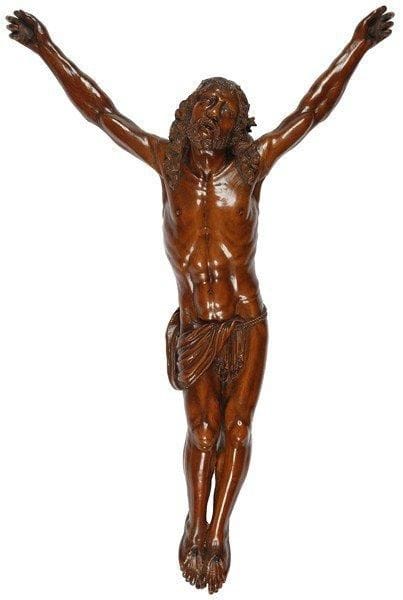 Christ vivant en buis finement sculpté, la tête inclinée vers la gauche, regardant vers le ciel. XVIIIe siècle. Petits manques. H : 38,5 cm - L : 25,5 cm.