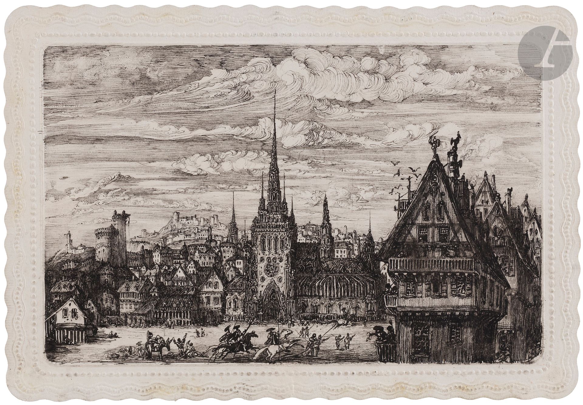 Rodolphe BRESDIN (Montrelais, 1822 - Sèvres, 1885)
Vue d’une ville médiévale imaginaire avec des cavaliers
Plume et encre de Chine sur papier bristol à bordure gaufrée (carte de circonstance).
10,4 x 15 cm (à vue : 8,5 x 13 cm)

Provenance :
Émile Philippe Magaudoux, dit Philippe Mohlitz (1941-2019), graveur. 

Œuvre en rapport :
R. Bresdin, Vue d’une ville avec des cavaliers, signé et daté Rodolphe Bresdin 1865, plume sur papier-calque, 9 x 13 cm, Paris, Bibliothèque nationale, acquisition 10841, à Marius-Ary Leblond, 13 juin 1951 (voir : D. van Gelder, Rodolphe Bresdin, La Haye, 1976, vol. I, p. 96, fig. 100).
