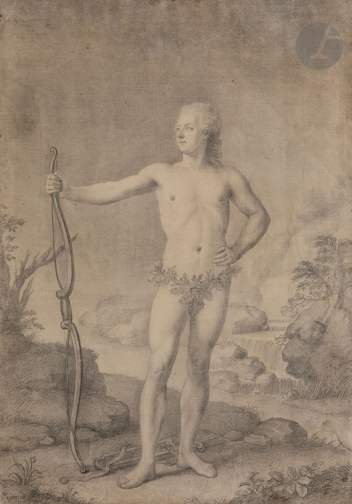Jean-Baptiste GARAND (Paris, 1719 - 1780)
Portrait d’homme en Adonis
Crayon noir.
Signé en bas à gauche.
(Taches).
47,8 x 33,7 cm
