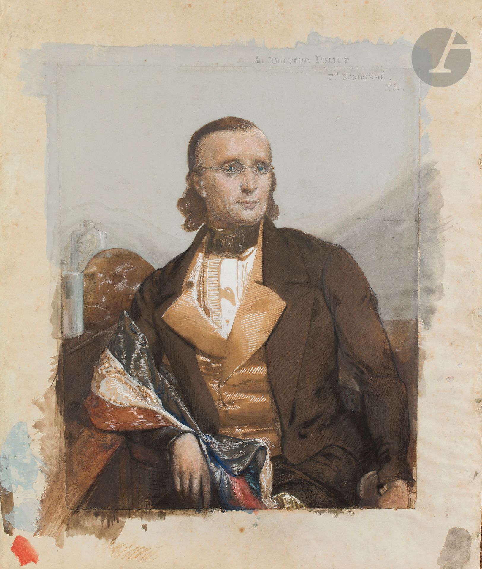 François BONHOMME (Paris, 1809 - 1881)
Portrait de Louis Pollet, médecin de l’Asile évangélique de Nice
Aquarelle gouachée sur traits de crayon noir.
Dédicacée, signée et datée en haut à droite « 1851 ».
(Déchirure sur le côté droit, contrecollé, retravaillé).
32 x 25 cm

