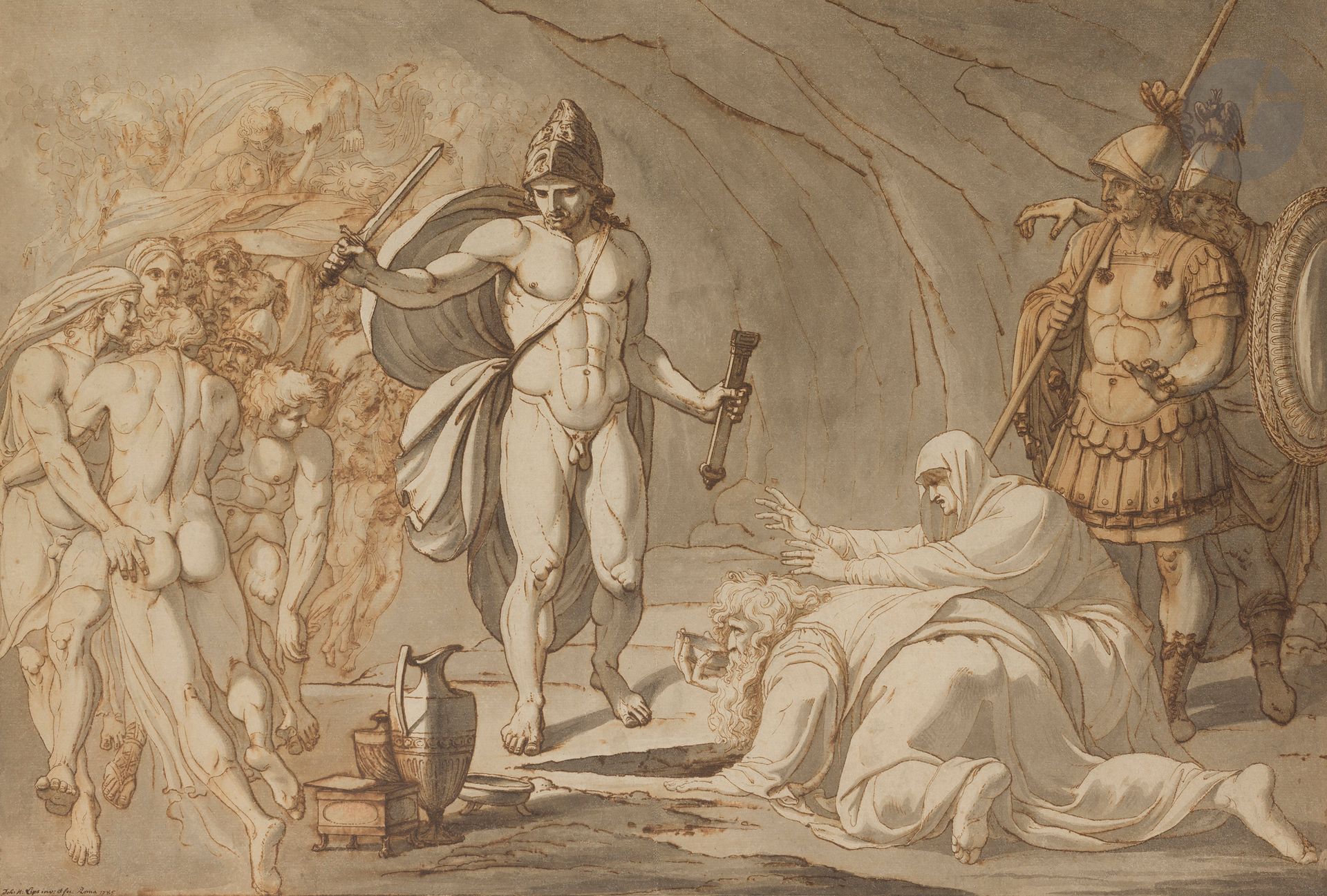 Johann Heinrich LIPS (Kloten, 1758 - Zurich, 1817)
Ulysse visitant les Enfers, 1785
Plume et encre brune, lavis brun et gris.
Signé, localisé et daté en bas à gauche : « Joh : H : Lips inv. et fec : Roma 1785 ». 
(Collé en plein sur son montage ancien, quelques usures).
45,5 x 66,9 cm 

Provenance :
- Probablement vente Zurich, Kunst & Spiegel AG, 26-28 octobre 1932, n° 933 (« 1785, Mythologische Szene. Sepiazeichnung, tuschiert, 46 x 68 cm »).
- Ancienne collection Olivier Aaron (1947-2018) ; sa vente, Auction Art, Paris, Hôtel Drouot, 8 octobre 2019, n° 89.


Lips grandit à Kloten, à une dizaine de kilomètres au nord de Zurich. Il est l’élève de Johann Rudolf Schellenberg, graveur à Winterthur. Il rencontre Füssli en 1778, et celui-ci lui confie la réalisation de quelques gravures et le surnommera « le sorcier de Kloten » (voir : J. Kruse, Johann Heinrich Lips 1758-1817. Ein Zürcher Kupferstecher zwischen Lavater und Goethe, cat. exp. , Coburg, 1989, p. 27). Il fait en 1780 un voyage en Allemagne, puis se rend en Italie en 1782. Il y retrouve Goethe en 1786. Le grand homme lui demande de participer à l’illustration de la première édition de ses Œuvres complètes publiées entre 1787 et 1790. Il quitte l’Italie en 1789 et s’installe quelques années à Weimar comme professeur de l’école princière de dessin, avant de rentrer en 1794 à Zurich. Le sujet de notre dessin, exécuté à Rome, est tiré du livre XI de l’Odyssée. Pressé par la magicienne Circé chez qui il séjourne depuis un an, Ulysse part à la rencontre du défunt Tirésias, célèbre devin thébain, qui seul peut lui révéler comment mettre fin à son voyage et rentrer chez lui, à İthaque. Le choix de ce thème homérique très rare dans les arts figuratifs, reflète la profonde érudition de Lips et plus généralement de la communauté germanique à Rome en ce dernier quart du XVIIIe.