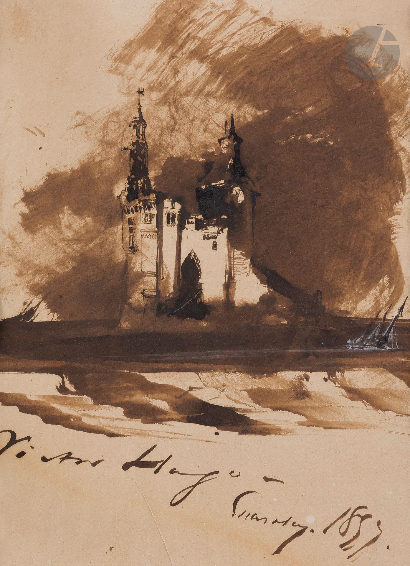 Victor HUGO (Besançon, 1802 - Paris, 1885)
Burg in the middle of the waves, 1857
Pen and brush, brown wash, white gouache and gum arabic highlights. 
Signed, localized and dated at the bottom: "Victor Hugo Guernsey 1857".
(Chips in the center).
24,7 x 18 cm

Provenance : 
- Former Léon-Émile Allix (1836-1911) collection. By descent until 2014.
- Anonymous sale, Hôtel des ventes des notaires du Bas-Rhin, Strasbourg, May 17, 2014, n° 117.

Exhibition:
Endless Enigma: Eight Centuries of Fantastic Art, David Zwirner, New York, September 12-October 26, 2018.


Our composition gives pride of place to the signature, which composes the entire bottom of the sheet. Hugo certainly composed his sheet knowing to whom he would give it. The drawing, is a gift from Hugo to his friends, the Allix family, who had moved to Brussels, in 1856, after they too had experienced exile in Guernsey. During his exile, every year, Victor Hugo went to Belgium. The boat passed near the Ortach Rock, an imposing granite block planted in the north of the island of Guernsey. Victor Hugo, impressed, drew it several times, as during this crossing of July 27, 1868, where he notes on the back of the drawing: "The Ortach Rock. July 27. 11 a.m. I cut this page because of the Ortach rock that I had drawn on it and that I pasted into the manuscript of the Trav. de la Mer" (see: M.L. Prévost, Victor Hugo, L'homme-océan, Paris, Édition BNF Seuil, 2002, n° 252, p. 278-289, reproduced.) Our burg in the middle of the waves may be a re-inhabited version of the famous rock placed in the middle of the waves, which he brought as a gift to his former companions in exile during his regular trips to Belgium. As usual, Victor Hugo plays with the brown wash and makes emerge from the darkness a tower, a rampart, a burg in the middle of the waves. The storm is approaching and the boats are bending on the waves under a growing wind.
