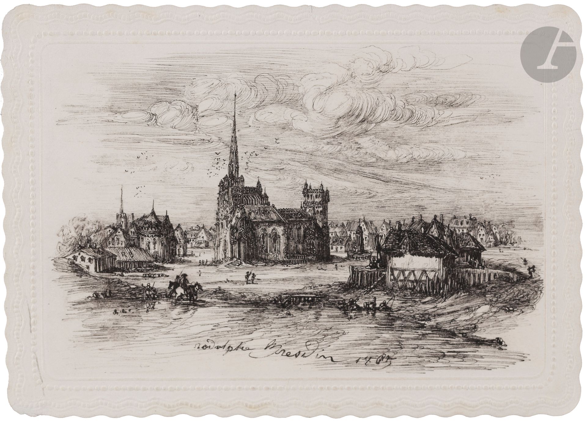 Rodolphe BRESDIN (Montrelais, 1822 - Sèvres, 1885)
Vue d’une ville médiévale imaginaire, 1865
Plume et encre de Chine sur papier bristol à bordure gaufrée. 
Signée et datée en bas au centre : « Rodolphe Bresdin 1865 ».
Monogrammé à gauche sur le toit d’une maison : « R B ».
10,4 x 14,9 cm (à vue : 8,5 x 13 cm)

Provenance :
Émile Philippe Magaudoux, dit Philippe Mohlitz (1941-2019), graveur. 
