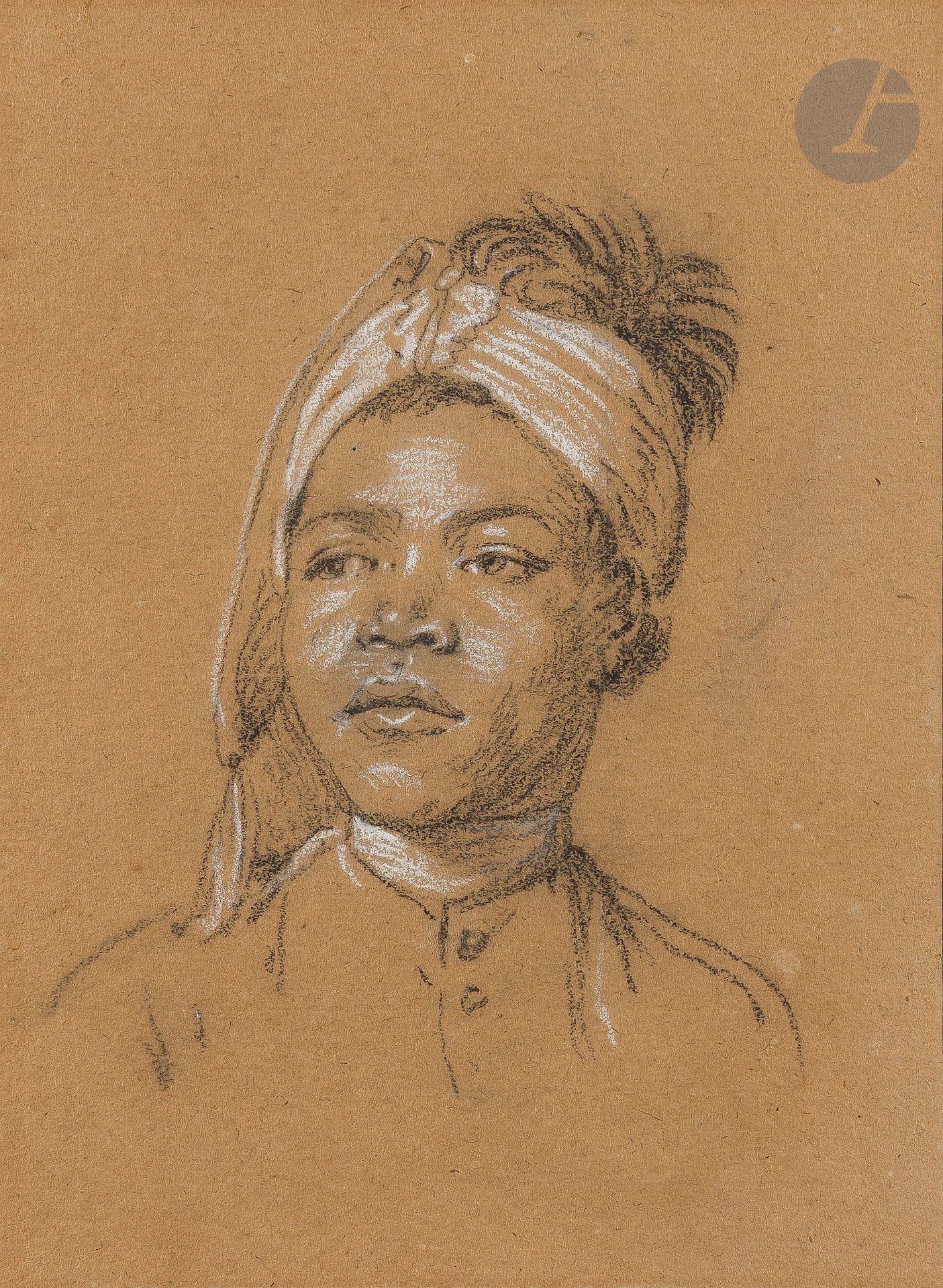 Pierre OZANNE (Brest, 1737 - 1813)
Head of a black man with a turban
Black stone and white chalk highlights on beige paper.
Bears an old attribution "Van Loo" on the old mount.
Glued in full on a Glomy mount, stamped lower right (L.1119).
22,4 x 16,4 cm

Provenance:
- Hill-Stone Inc, South Dartmouth, Mass.
- Former Robin R. Henry Collection.

Brother of Nicolas-Marie Ozanne, after passing through Vien's workshop in Paris, Pierre became master of drawing for the Brest marine guards in 1757. He embarked in 1771 on the frigate "Le Flore" and discovered Africa (he made numerous drawings and portraits of blacks on the island of Gorée) and America. In 1776, he left on the corvette "La Boussole" to the Canary Islands. He also went to the French West Indies. He drew the heroic episodes of the French squadron's battles against the English during the American War of Independence.