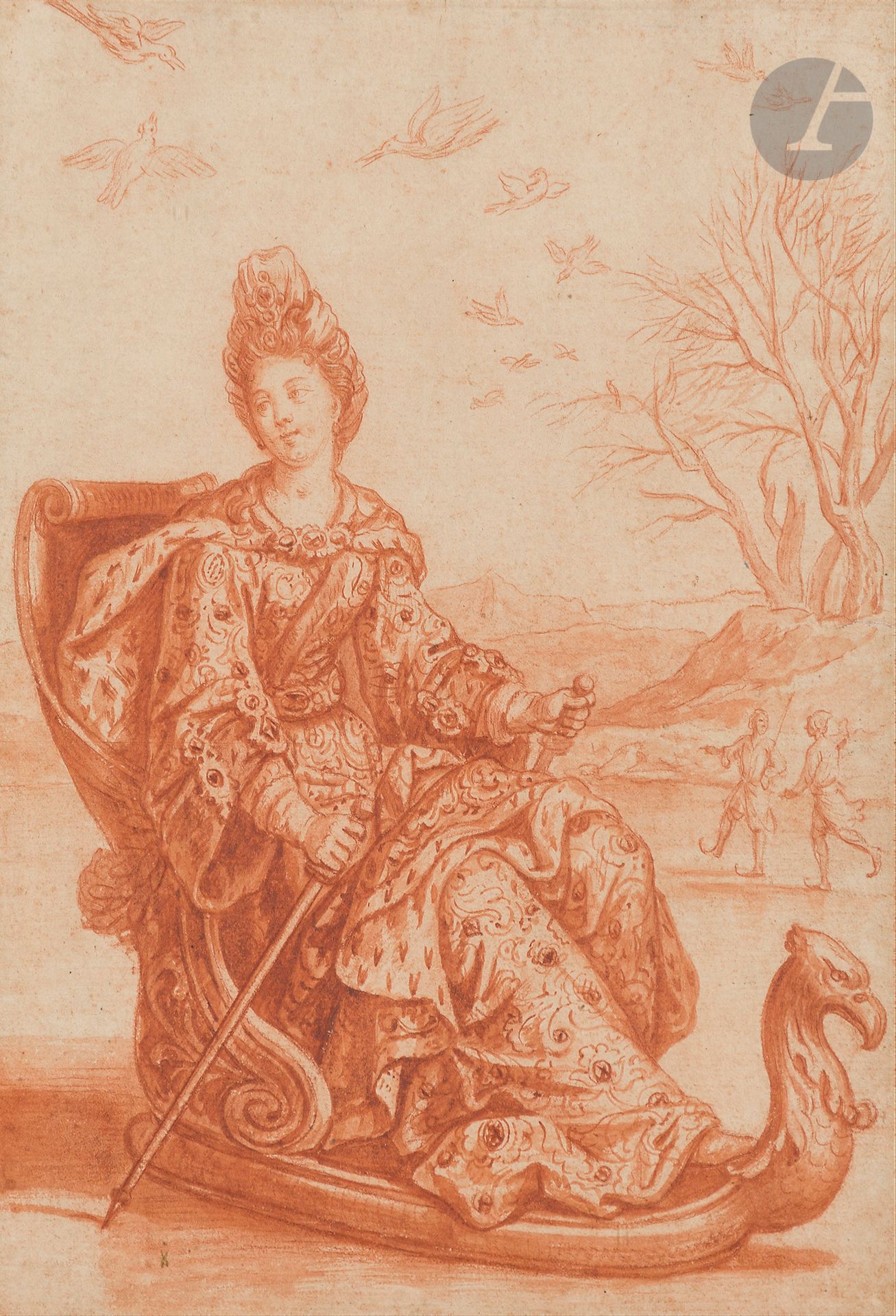 Robert BONNART (Paris, 1652 - 1733)
Élégante en traîneau sur la glace
Sanguine et lavis de sanguine.
Verso passé à la sanguine pour le transfert, passé au stylet pour le report.
25,2 x 17,6 cm

Dessin préparatoire à la gravure représentant Décembre dans la série des Mois éditée chez Nicolas Bonnart, frère de l’artiste.