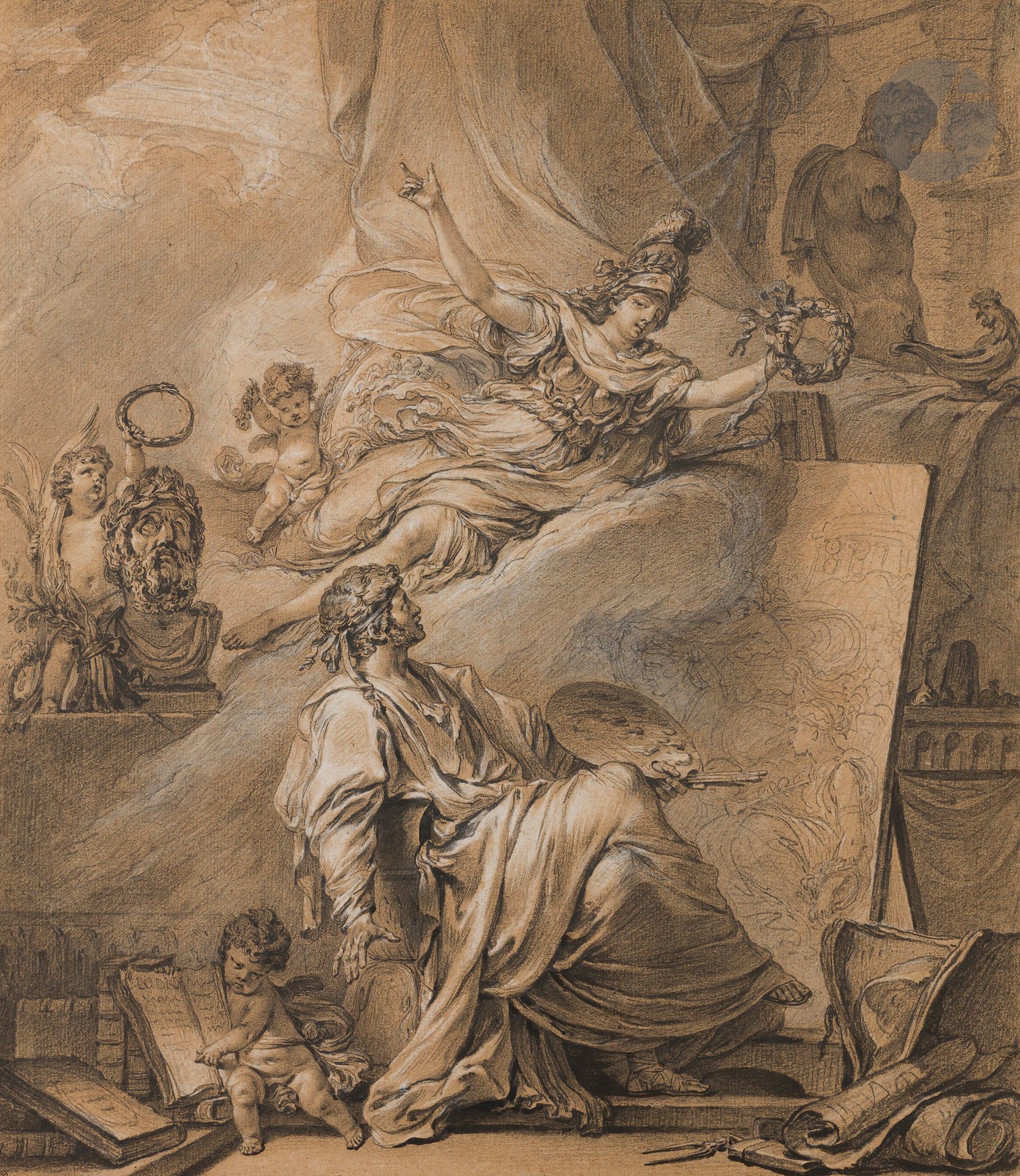 Jean TOUZÉ (Paris, 1747 - 1809)
Allégorie de la peinture
Pierre noire, pinceau, encre de Chine et rehauts de craie blanche sur papier beige.
50,3 x 43,5 cm

Provenance :
- Vente d’une belle collection de dessins […] dont la plus grande partie […] envoyés de l’étranger, & autres provenans du Cabinet de M*** [Alexandre-Joseph Paillet (1743-1814)], Paris, 21 novembre 1785, n° 144 (« un dessin aux crayons noir & blanc sur papier gris, représentant Minerve couronnant les Arts par M. Touzé. »).
- Probablement ancienne collection Laurent Laperlier (1805-1878) ; sa vente, Paris, Hôtel Drouot, 27-29 mars 1879, n° 508 (comme anonyme, « Minerve couronnant un peintre, belle composition d’un crayon noir très léger. In Fol. »).
- Ancienne collection Jean Masson (1856-1933), son cachet en bas à gauche (L.1494a) ; sa vente, Paris, galerie Georges Petit, 7-8 mai 1923, n° 148 (comme Jean-Guillaume Moitte).

Bibliographie :
- E. Bénézit, Dictionnaire critique et documentaire des peintres, sculpteurs, dessinateurs et graveurs…, Paris, 1911-1923, t. III, p. 457.
- G. Gramaccini, J.-G. Moitte, Leben und Werk, Berlin, 1993, vol. I, p. 32-33 et vol. II, p. 46 et p. 216, cat. 101, ill. 156.

Jean Touzé, élève de Greuze, réalise un grand nombre de dessins pour les graveurs. Il commence à se faire un nom à Paris dans les années 1770, avec des scènes de genre et de théâtre. Grimm note curieusement : « Ce Touzé est célèbre a` Paris depuis quelques années, par le talent d’imiter et de contrefaire qu’il possède au suprême degré. » (voir : F.-M. Grimm, Correspondance littéraire, philosophique et critique, t. II, Paris, 1812, p. 203-204.). Les Goncourt possèderont plusieurs feuilles de Touzé, qu’ils apprécient pour son dessin précis et minutieux.
Touzé sort ici de ses sentiers battus et se montre avec succès sous un jour néoclassique. Le dessin représente une allégorie de la peinture caractérisée par le retour à l’antique. Le peintre porte une toge à l’antique, son atelier est parsemé de sculptures antiques, de livres savants et le tableau sur le chevalet représente un sujet antique avec le Temple de Tivoli dans le fond. Minerve, tenant une couronne de laurier, apparaît dans une nuée, symbole de l’inspiration.
On connaît une esquisse peinte du même sujet avec beaucoup de variantes (voir : vente anonyme, Christie’s, Paris, 27 mars 2019, n° 94).