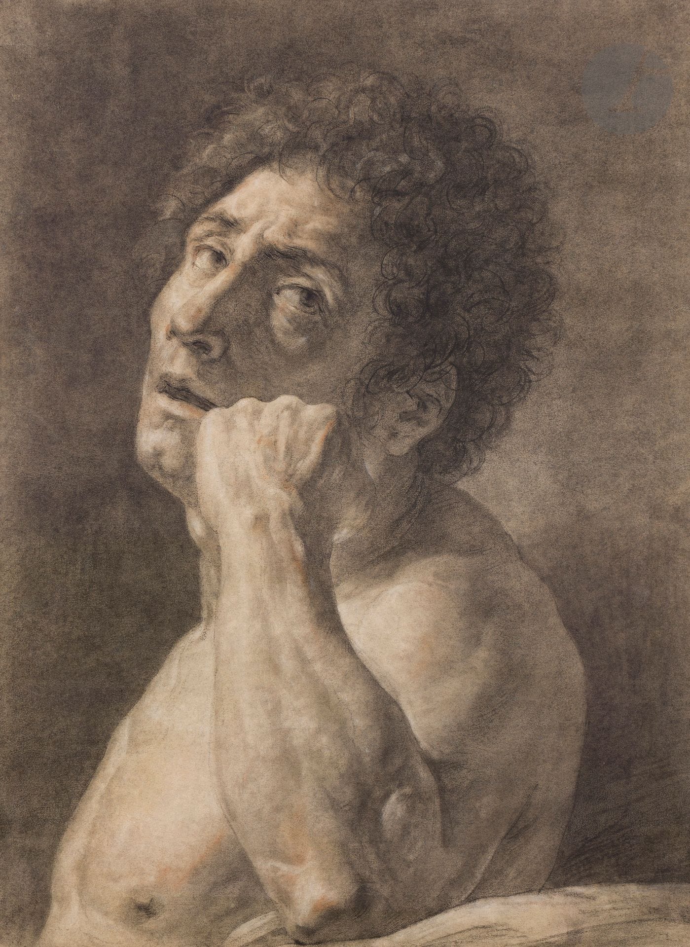Baron Antoine-Jean GROS (Paris, 1771 - Meudon, 1835)
Académie d’homme en buste de profil
Pierre noire et estompe, gommage, rehauts de craie blanche et sanguine.
Annotée sur le montage à droite : « Gros 1791 »
Annotée sur le montage à gauche : « Etude faite par Gros à l’académie , en 1791, mois de décembre le modèle était l’italien Biadgi ».
Collé en plein sur son montage ancien, quelques pliures et restaurations.
Cachet à sec en bas à droite « N : D : ».
61,5 x 45,7 cm

