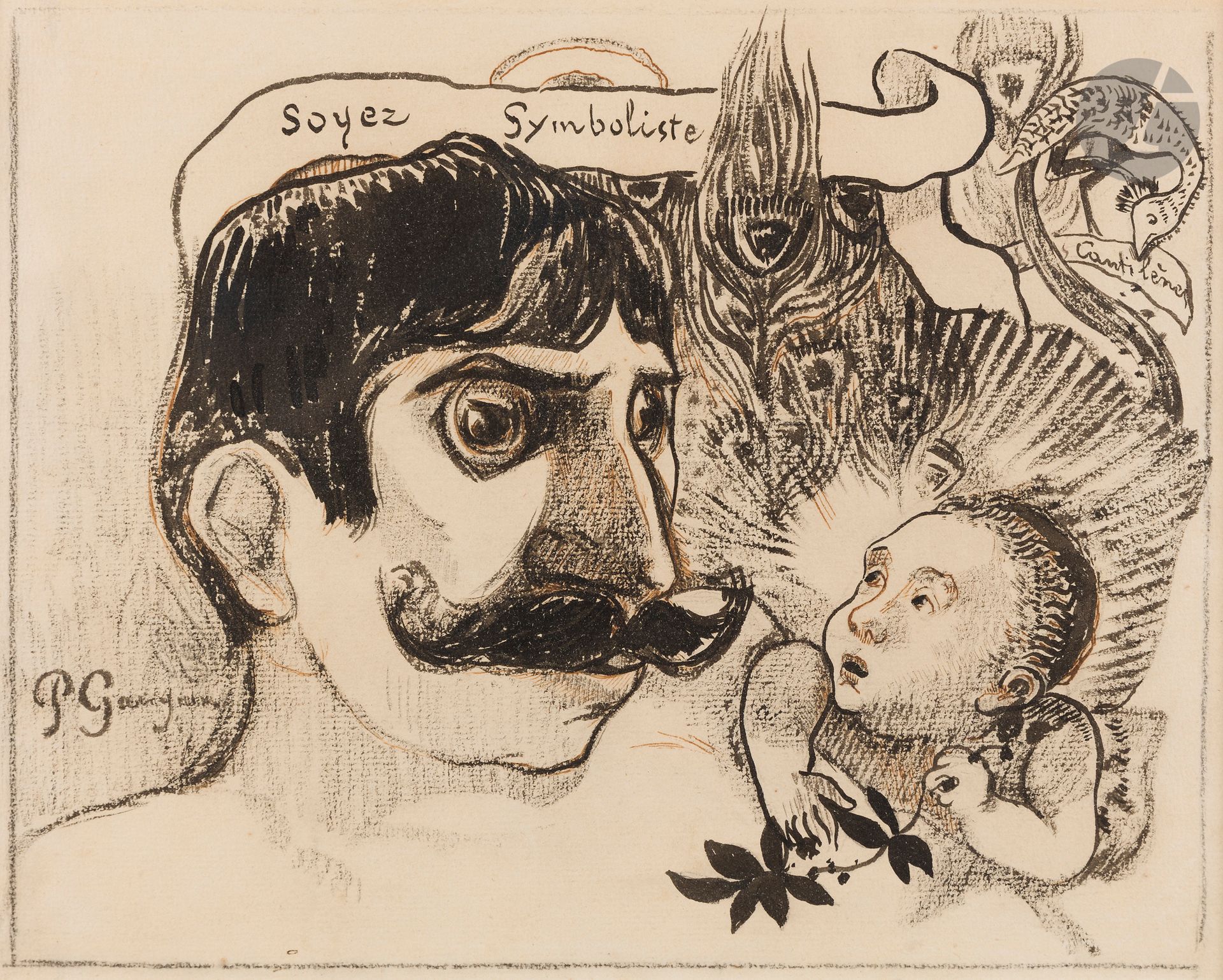 Paul GAUGUIN (Paris, 1848 - Atuona, île d’Hivaoa [îles Marquises], 1903)
« Soyez symboliste », Portrait de Jean Moréas, 1890
Fusain, encre de Chine à la plume et au pinceau, quelques reprises à la plume et encre brune.
Signé en bas à gauche : « P. Gauguin », légendé dans le phylactère au centre « Soyez symboliste », 
et en haut à droite « [Le]s Cantilènes ».
ADDITIF : Un croquis au crayon noir du visage de Jean Moréas est dessiné au verso.
25,4 x 28,2 cm

Provenance :
- Ancienne collection Léon Deschamps, directeur du journal La Plume, puis ses héritiers.
- Ancienne collection L. Allix ; sa vente, Bibliothèque de M. A. amateur du village de Passy, Livres anciens, romantiques et modernes, œuvres de Tristan Derème avec dédicaces, éditions originales et autographes d’auteurs symbolistes, dessins originaux de Gauguin et Cazal, Me Giard, Andrieux expert, préface de Tristan Derème, Paris, Hôtel Drouot, 24-29 février 1928 (dessin, n° 878).
- Ancienne collection Karl Boès (probablement acquis à la vente précédente).
- Collection W… P… (selon une annotation sur le carton d’encadrement).
- Ancienne collection Georges Renand (acquis en 1949).
- Ancienne collection Soichiro Tominaga.
- Acquis auprès de ce dernier par un collectionneur anonyme, puis vente Sotheby’s, New York, 6 novembre 2015, n° 172, reproduit.

Expositions :
- Gauguin et ses amis : L’École de Pont-Aven et l’Académie Julian, Expositions de la Gazette des Beaux-Arts, Paris, 1934 (hors catalogue).
- Cinquantenaire du Symbolisme, Paris, Bibliothèque nationale, 1936, n° 427, reproduit.
- Eugène Carrière et le Symbolisme, Paris, Orangerie des Tuileries, 1949-1950, n° 188.
- Gauguin Portraits, Ottawa, musée des Beaux-Arts du Canada, Londres, The National Gallery, 2019-2020, n° 140, reproduit.

Bibliographie :
- La Plume, 1er janvier 1891, n° 41, supplément, p. 11 (lithographie).
- Bibliothèque de M. A. amateur du village de Passy, Livres anciens, romantiques et modernes, œuvres de Tristan Derème avec dédicaces, éditions originales et autographes d’auteurs symbolistes, dessins originaux de Gauguin et Cazals, Étude Giard, Andrieux expert, préface de Tristan Derème, Paris, Hôtel Drouot, 24-29 février 1928 (dessin, n° 878).
- Maurice Monda, « L’Art et la curiosité à l’Hôtel Drouot », Le Figaro, 1er mars 1928, p. 4.
- Hébert, « Notes d’un curieux », Le Gaulois, 1er mars 1928, p. 5.
- Cinquantenaire du Symbolisme, cat. exp. Paris, Bibliothèque nationale, 1936, p. 90 (dessin, n° 427, reproduit).
- G. J. Gros, « Le Symbolisme et les hommes de son temps », Le Monde illustré, 20 juin 1936, p. 538, reproduit.
- Gaston Poulain, « Quelques symbolistes et leurs amis à formule souvent très large », Comoedia, 23 juin 1936, p. 3, reproduit.
- John Rewald, Gauguin Drawings, New York, 1958, p. 27, n° 30 (dessin, reproduit).
- Ronald Alley, Paul Gauguin, Londres, 1961, p. 34.
- Cent-soixante-treize lettres de Jean Moréas, Paris, 1968, p. 98, lettre CXI.
- Wladdyslawa Jaworska, W Kregu Gauguina : malarse Szkoly Pont-Aven, 1969, p. 282 (reproduit n° 153).
- Ronald Pickvance, The Drawings of Gauguin, New York, 1970, p. 30 (dessin, reproduit pl. 52).
- Philippe Jullian, Les Symbolistes, Paris, 1973, (lithographie, reproduit n° 143).
- Robert L. Delevoy, Journal du Symbolisme, Paris, 1977, p. 77 (lithographie, reproduit).
- Vojtech Jirat-Wasiutynski, Paul Gauguin in the context of symbolism, New York, 1978, p. 350-352.
- Anna Balakian, The Symbolist Movement in Literature of European Languages, Amsterdam, 1984, p. 67.
- Ralph E. Shikes, Steven Heller, The Art of Satire, Painters as Caricaturists and Cartoonists from Delacroix to Picasso, 1984, p. 31.
-E. van Uitert, « Mystieke elementen in de kunst van Gauguin en Vincent Van Gogh », Handelingen van het acht en dertisgste Nederlands Filologencongres, gehouden te Nijmegen, 16-17 April 1984, p. 177.
- Manuel Alvar, Juan Ramón Jiménez y la palabra poética, Puerto Rico, 1986.
- Françoise Cachin, Gauguin, Paris, 1988, p. 131 (lithographie, reproduit).
- Dario Gamboni, La Plume et le pinceau. Odilon Redon et la littérature, Paris, 1989, p. 231-232 (lithographie, reproduit fig. 62).
- Anna-Maria Damigella, Paul Gauguin, sa vie, son œuvre, Paris, 1989, p. 26.
- Dario Gamboni, « Après le régime du sabre le régime de l’homme de lettres : La critique d’art comme pouvoir et comme enjeu », La Critique d’art en France, 1850-1900, Université de Saint-Étienne, 1989, p. 208 (lithographie, reproduit p. 228).
- Jean-Marc Debenedetti, Serge Baudiffier, Les Symbolistes, Paris, 1990, p. 99.
- Aimée Brown-Price, « Puvis de Chavannes’s caricatures », The Art Bulletin, 1991 (lithographie, reproduit fig. 18).
- Joan Ungersma Halperin, Félix Fénéon : art et anarchie dans le Paris fin de siècle, Paris, 1991, p. 252, 415.
- Peggy Vance, Gauguin, Paris, 1992, (lithographie, reproduit fig. 26).
- David Sweetman, Paul Gauguin A Life, Londres, 1995, p. 174 (lithographie, reproduit).
- L’ABCdaire du Symbolisme à l’Art Nouveau, Paris, 1997, p. 70, reproduit.
- Ronald P