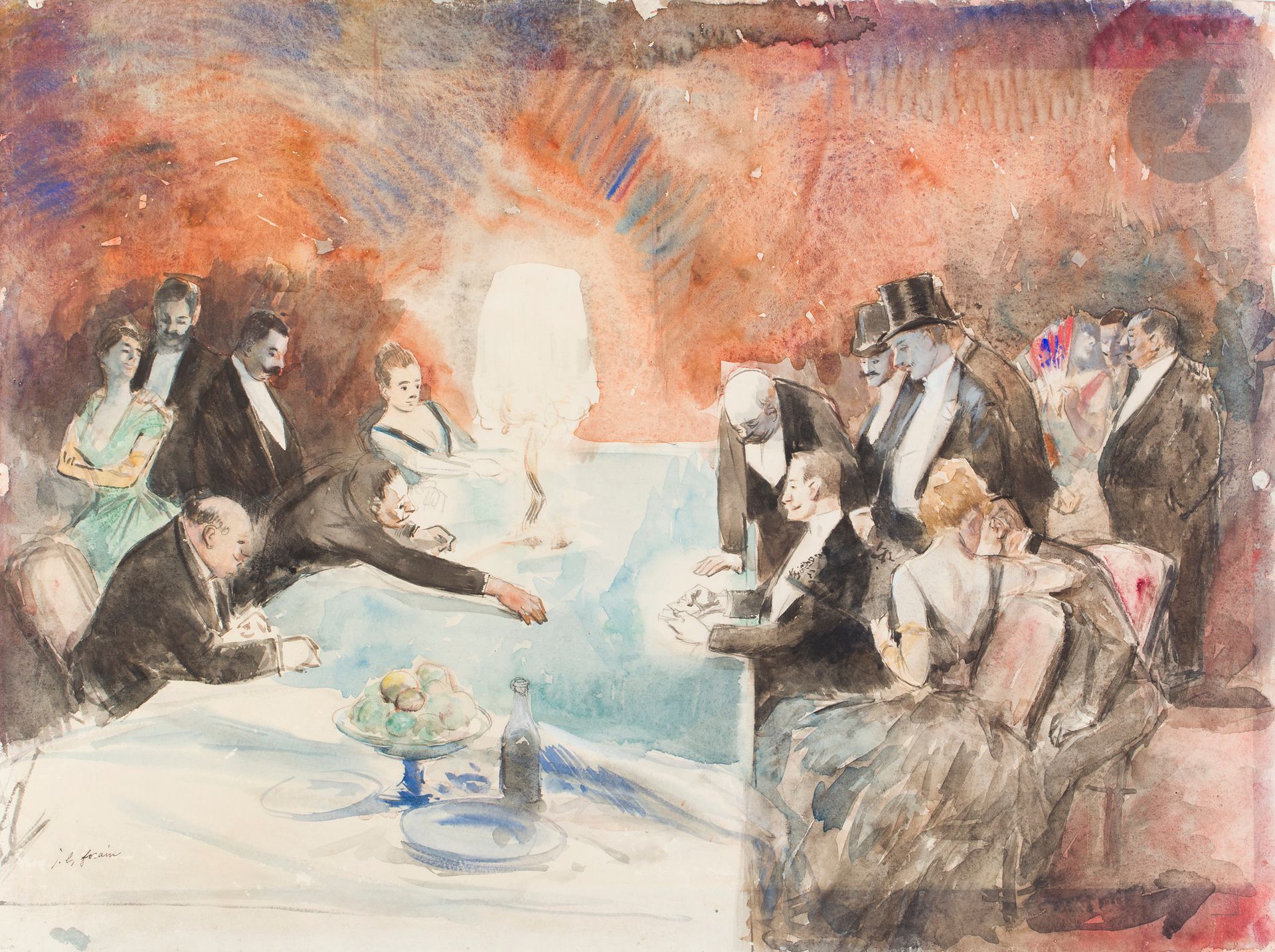 Jean-Louis FORAIN (Reims, 1852 - Paris, 1931) 
Chambré !
Aquarelle.
Signée en bas à gauche.
(Quelques épidermures en bas à gauche).
48 x 86 cm

Provenance : 
- Stéphane Chapelier (1884-1966), auteur, compositeur.
- Marie Chapelier, née Clergue (1878-1968), sa veuve.
- Vente de la collection Chapelier-Clergue, Piasa, Paris, 14 décembre 2007, n° 9.

Expositions :
- Jean-Louis Forain, Galerie Raphaël Gérard, 1937, n° 15.
- Jean-Louis Forain, Bibliothèque nationale, Paris, 1952, n° 168.

Bibliographie :
- Courrier français, 6 mai 1888, reproduit.
- L’art forain, nov-déc. 1931, reproduit p. 134.

Cette œuvre figurera au catalogue raisonné de l’œuvre de Jean-Louis Forain en préparation par Madame Florence Valdès-Forain.
