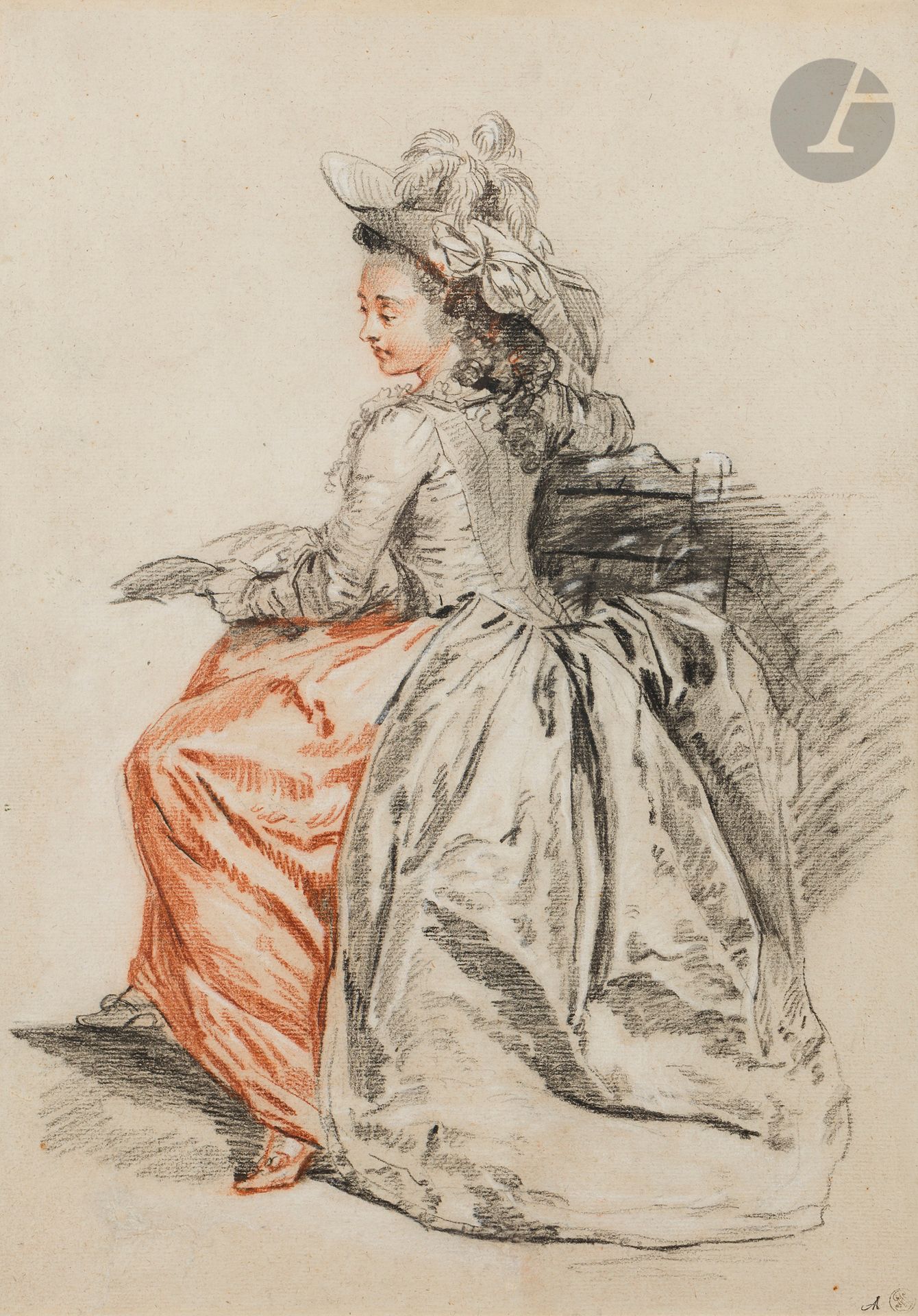 Étienne-Charles LEGUAY (Sèvres, 1762 - Paris, 1846)
Young woman reading
Three pencils.
42.1 x 29.4 cm (ideal view: 42 x 29.2 cm)

Provenance:
- Former Louis-Gustave Mühlbacher (1834-1907) collection; his sale, Mes Chevallier et Lair-Dubreuil, Paris, Galerie Georges Petit, May 13-15, 1907, no. 84.
- Ancienne collection Marius Paulme (1863-1928) (L.1910); its sale, Me Lair-Dubreuil, Paris, galerie Georges Petit, 14 May 1929, no. 128, reproduced on pl. 87 (sold for 50,000 francs to Frits Lugt).
- Former collection of Frits Lugt (1884-1970), collector and art historian, Paris; sold in April 1946 to J. Mathey (archives of the Fondation Custodia).
- Former collection of Jacques Mathey (1883-1973), painter and expert, Paris.
- Former collection Alexandre Ananoff (1910-1992), collector and art historian, Paris (L. 3365).
- Anonymous sale, Sotheby's, Monte-Carlo, February 11, 1979, n° 104.
- Paul Rosenberg &amp; Co, New York; acquired in the 1980s by a collector.

Exhibitions:
- Exposition de petits Maîtres et Maîtres peu connus du XVIIIe siècle Paris, Hôtel de la Chambre syndicale de la Curiosité et des Beaux-Arts, 1920, no. 336.
- L'Art français au XVIIIe siècle, Copenhagen, Palais de Charlottenburg, 1935, n° 421.
- Women. Dessins de maîtres et petits maîtres du XVIIIe siècle, Grasse, Musée Fragonard, 1962, n° 37, pl. IX.
- France in the Eighteenth Century, London, Royal Academy of Arts, 1968, no. 422, fig. 316.

Bibliography:
- A. Ananoff, "Les Cent petits maîtres qu'il faut connaitre," Connaissance des Arts, July 1964, p. 51, reproduced. 
- Les joies secrètes d'un Amateur de dessins", A.B.C. décor, December-January, 1969, reproduced. p. 95.
- L.-A. Prat, Le Dessin français au XVIIIe siècle, Paris, 2017, p. 248, cat. 422, reproduced.

Étienne-Charles Le Guay was the son of a porcelain painter. He grew up at the Royal Manufacture of Sèvres where he learned drawing at an early age. He was then influenced by the art of miniature painting, which became his specialty. He was a student of Joseph-Marie Vien at the Royal Academy. This Young Reading Girl, drawn around 1780 with three pencils, shows with studied grace the fullness of a French golden age. The three-quarter back position, full of modesty, favors the luxury of the toilet, while the book the young woman holds in her hand indicates a spiritual inclination. The famous drawing has often represented the colors of 18th century French art and saved Le Guay from undeserved neglect.