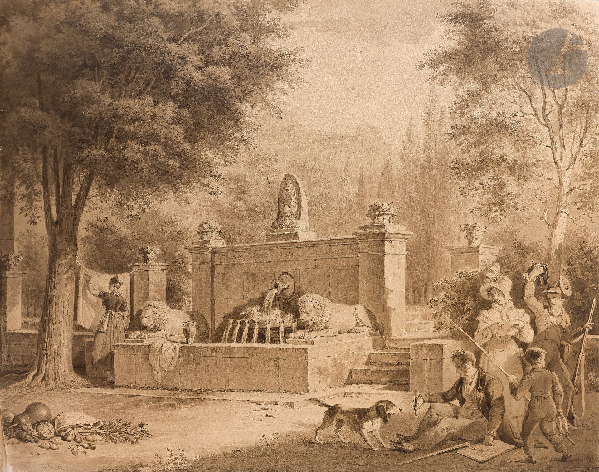 Pierre Henri REVOIL (Lyon, 1776 - Paris, 1842)
L’Artiste dessinant devant la fontaine du château de Servanes
Plume et encre de Chine, lavis gris.
Monogrammée en bas à gauche : « P. R. ».
18,6 x 23,4 cm
Le château de Servanes (commune de Mouriès, dans les Bouches-du-Rhône), appartenait à la belle-famille de Révoil. L’artiste s’est ici représenté dessinant la fontaine du château, probablement aux côtés de sa femme et de ses deux enfants. Il existe deux autres dessins très proches adoptant le même point de vue, où seul changent les personnages, le premier conservé au musée Calvet d’Avignon (M.-C. Chaudonneret, Fleury Richard et Pierre Révoil. La peinture Troubadour, Paris, 1980, no. 125, fig. 271) et le second passé en vente chez Christie’s (Paris, 23 mars 2006, lot 326).