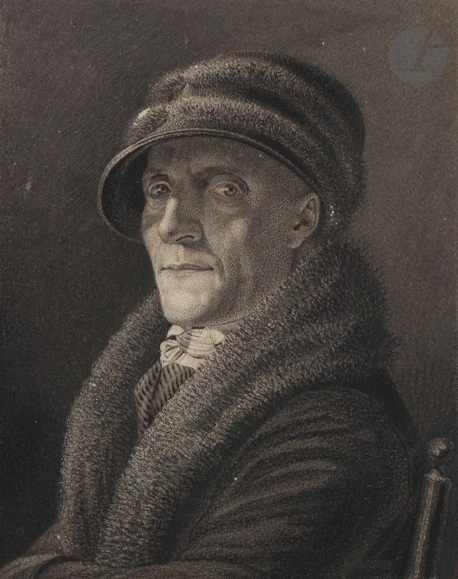 Henri-Jean PICOU (Nantes, 1784 - 1865)
Portrait de François-Sébastien Bonnard du Hanlay (1756-1808), bibliothécaire de la ville de Nantes
Pierre noire, estompe, rehauts de sanguine et de gouache blanche.
Signée en bas à gauche sur le montage d’origine : « Dessiné d’après nature par h. J. Picou ».
Titrée en bas au centre sur le montage d’origine : « F.ois S.tien Bonnard, amateur des Sciences et arts Bibliothécaire de la ville de Nantes. mort le 30 mai 1808 ».
14,5 x 11,5 cm
