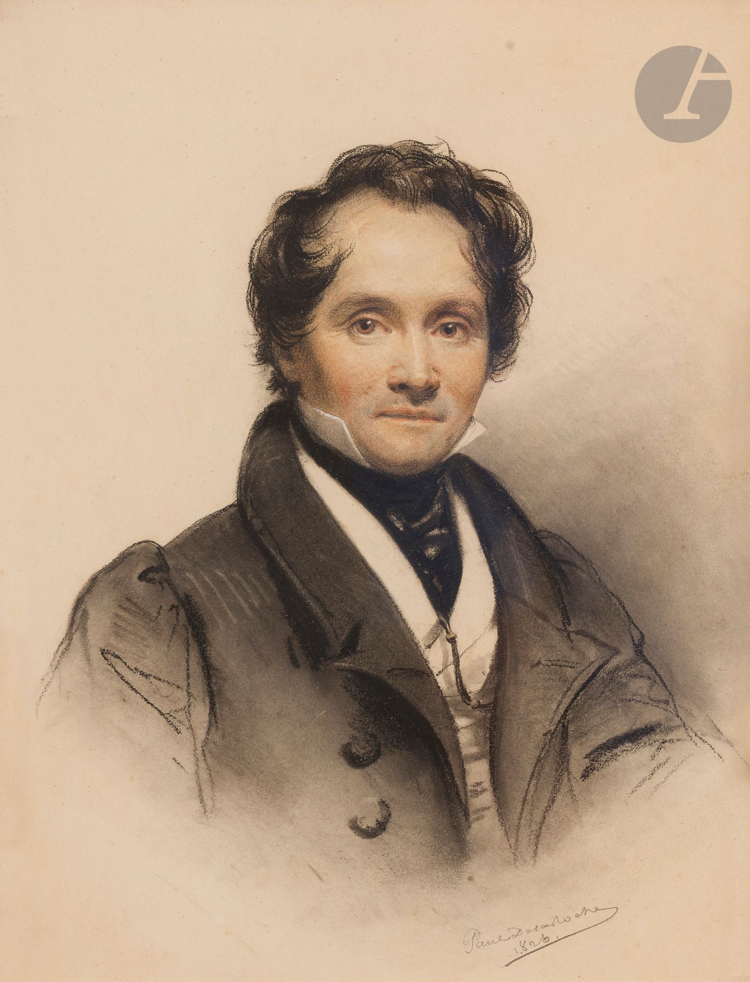 Paul DELAROCHE (Paris, 1797 - 1856)
Portrait de Casimir Delavigne (1793-1843)
Pierre noire, sanguine, craie blanche, estompe.
Signée et datée « 1826 » en bas à droite.
28 x 21 cm

Exposition :
Paul Delaroche, un peintre dans l’histoire, Nantes, musée des Beaux-arts, Montpellier, Pavillon du musée Fabre, 1999-2000, n° 5, p. 157, reproduit.

Casimir Delavigne, poète et dramaturge, est l’ami intime de Delaroche et son exact pendant en littérature. Du célèbre tableau de Delaroche Les Enfants d’Edouard, Casimir Delavigne tira une tragédie qui remporta un triomphe deux ans plus tard. Notre portrait est un beau témoignage de leur amitié.