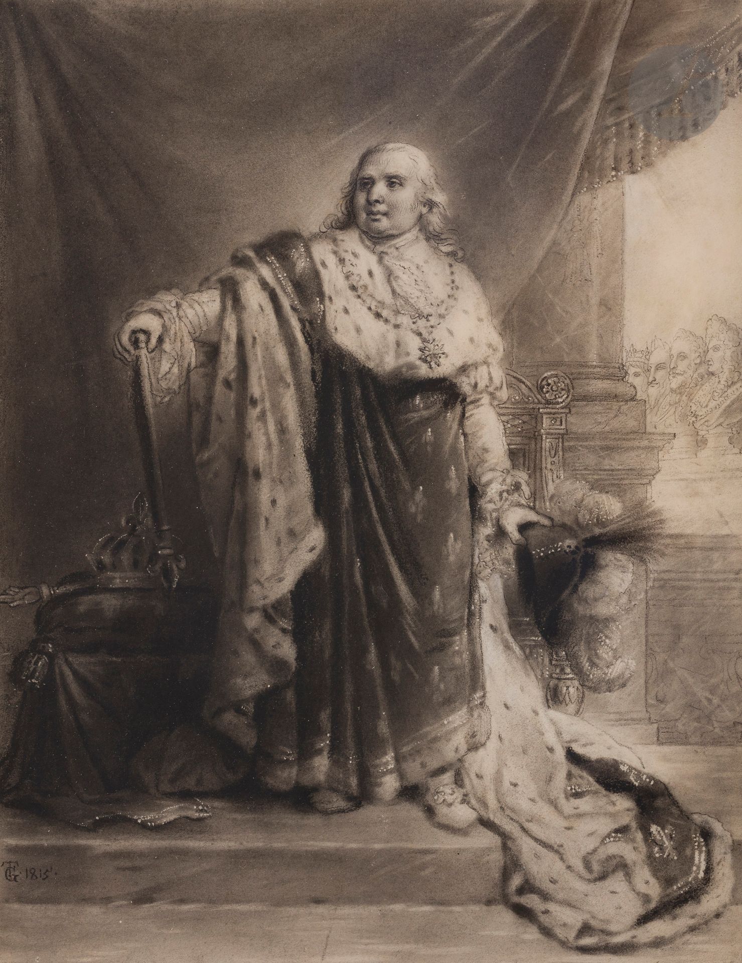 Anne-Louis GIRODET-TRIOSON 
(Montargis, 1767 - Paris, 1824) 
Louis XVIII, 1815
Crayon noir, estompe, grattage et rehauts de craie blanche.
Monogrammé et daté en bas à gauche : « GT. 1815 ».
(Quelques traces de rayures).
30 x 23,4 cm

Provenance : 
Vente anonyme, Freeman auction, Philadelphie,16 juin 2015, joint au n° 19, reproduit. 
