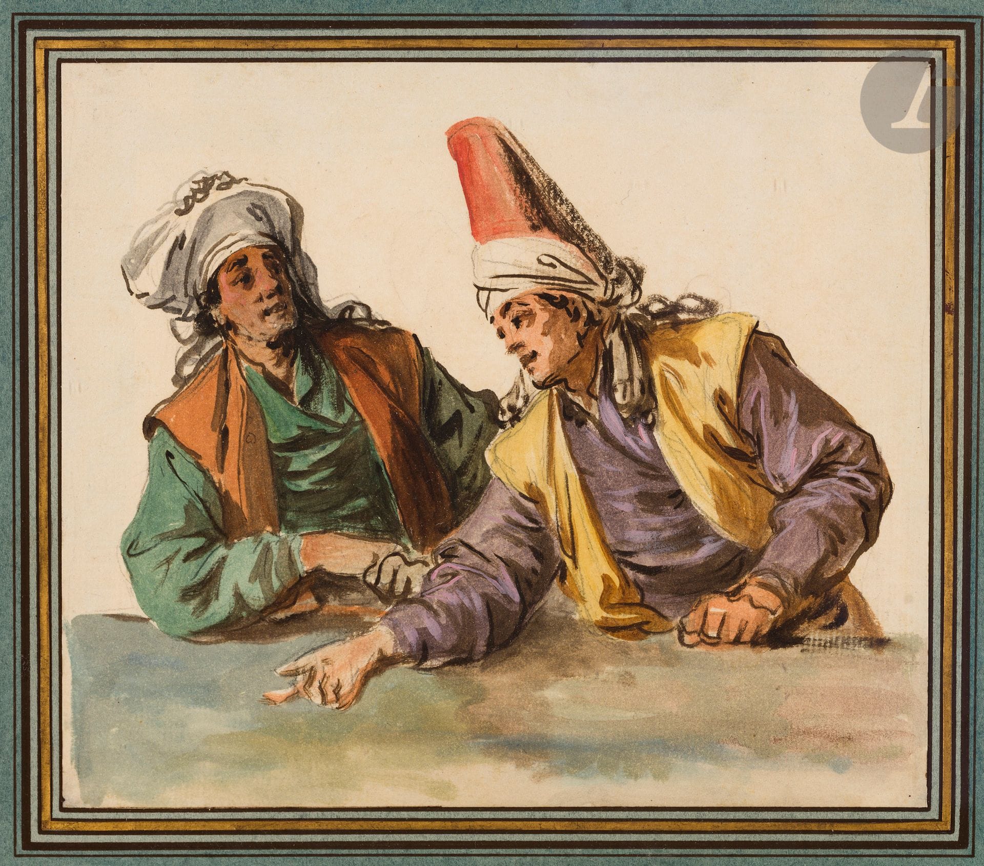 Jean-Baptiste LE PRINCE 
(Metz, 1734 - Lagny-sur-Marne, 1781)
Deux orientaux 
Aquarelle gouachée, plume et encre brune sur traits de crayon noir.
17 x 19 cm
