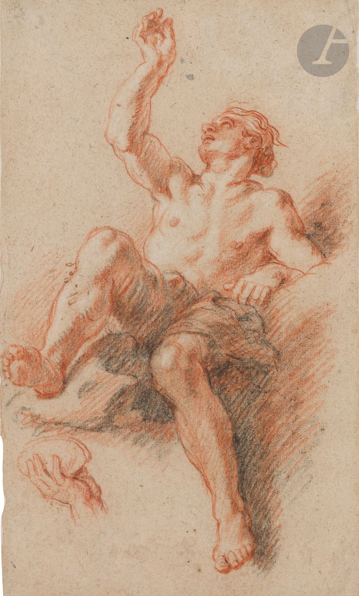 Charles de LA FOSSE (Paris, 1636 - 1716)
Figure plafonnante d’homme nu, étude de main tenant une coupe (?)
Trois crayons.
Au verso, une inscription à la plume et à l’encre brune transparaissant : « n° 106 ».
42,4 x 26,1 cm (au premier filet : 43,5 x 26,8 cm)

Provenance : 
Vente anonyme, Me Osenat, Fontainebleau, 1er avril 2018, n° 106.

Bibliographie : 
Clémentine Gustin Gomez, Charles de La Fosse, œuvres inédites, nouveautés et publications, www.delafossegustin.wordpress.com, n° 2018-D10, reproduit.


Le style rubénien de La Fosse dans son œuvre dessiné est caractéristique dans cette étude. La sanguine et les rehauts de craie blanche forment un contraste chaleureux avec les ombres rendues par d’épaisses hachures à la pierre noire. Le corps est cerné par un trait large et ferme à la sanguine. Cette présence corporelle affirmée se retrouve dans les études pour les grands décors royaux exécutés vers 1700 (dôme de l’église des Invalides, cul-de-four de la chapelle royale de Versailles). L’étude de main tenant un objet peut d’ailleurs être rapprochée de celle du putto tenant une coupe, à califourchon sur une panthère dans Le Triomphe de Bacchus (musée du Louvre) commandé en 1700 pour un dessus-de-porte au château de Meudon et aujourd’hui conservé au musée du Louvre (voir : C. Gustin-Gomez, op. cit. supra, p. 129, reproduit p. 90).