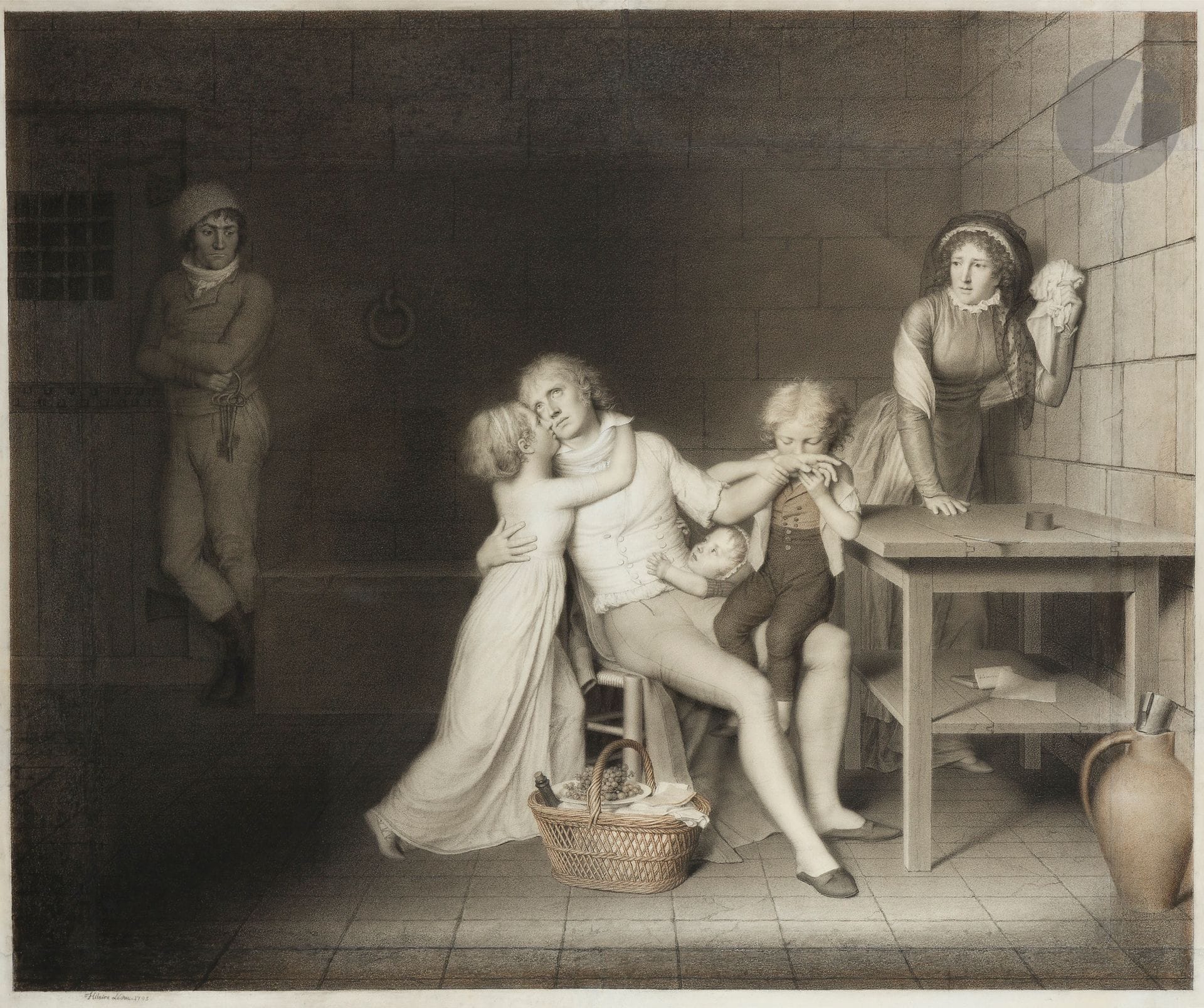 Hilaire LEDRU (Oppy, 1769 - Paris, 1840)
Les Pénibles Adieux dit les Adieux de Lesurques à sa famille
Pierre noire, estompe, craie blanche et rehauts de gouache blanche sur plusieurs feuilles de papier.
Signée et datée en bas à gauche : « Hilaire Ledru 1795 ».
81,5 x 94 cm

Provenance : 
Vente anonyme, Hôtel des ventes de Monte-Carlo, 9 juin 2021, n° 10.

Expositions :
- Paris, Salon de 1798, n° 259 (« Dessins [...] Scène de prison », numéro d’entrée 165 à la plume et à l’encre au verso sur le châssis d’origine).
- Localisation inconnue, Société des Amis des arts, 1818 (d’après une inscription à l’encre sur le cadre d’origine).

Bibliographie :
- H. Berthoud, « Notice biographique sur Hilaire Ledru, peintre du département du Nord », in Archives historiques et littéraires du Nord de la France et du Midi de la Belgique, t. IV, 1842, p. 334 et 336.
- R.-H. Duthillœul, Galerie douaisienne, ou Biographie des hommes remarquables de la ville de Douai, Douai, 1844, p. 218.
- J. Hédouin, « Hilaire Ledru. Détails biographiques sur ce dessinateur », in Gazette des Beaux-Arts, t. III, 16e livraison, août 1859, p. 231 et 235.
- J. Renouvier, Histoire de l’art pendant la Révolution, considéré principalement dans les estampes, Paris, 1863, p. 363.
- G. Delayen, L’Affaire du courrier de Lyon. D’après les dossiers criminels et des documents inédits, Paris, 1903, p. 201.
- C. Saunier, « Les Oubliés. Hilaire Ledru », Gazette des Beaux-Arts, t. 112, janvier 1913, p. 60.
- P. Bordes, Hilaire Ledru (Oppy, 19 février 1769-Paris, 2 mai 1840) : Indigence et Honneur, Paris, 2015, p. 10.

Œuvres en rapport :
- Gravé en 1802 par Auguste-Gaspard-Louis Desnoyers, chez Ramboz, Paris, sous le titre Pénibles adieux.
- Lithographié en 1851 par Pannel, chez Simonau et Toovey, Bruxelles, sous le titre Une famille de martyrs. Derniers adieux de Joseph Lesurques.
- Lithographié en 1860, in Causes célèbres de tous les peuples, Paris, Lebrun et Cie éditeurs, cahier 12, sous le titre Les adieux de Lesurques à sa famille.

On joint le châssis d’origine qui correspond au premier état de la composition originale, où figure le numéro d’entrée « 165 » au salon de 1798.

On joint deux estampes. 
L’histoire de Joseph Lesurques est une des erreurs judiciaires les plus célèbres. Il est condamné à tort à la peine capitale dans l’affaire du courrier de Lyon, où une diligence reliant Paris et Lyon est attaquée le 27 avril 1796, avec à son bord 80 000 livres et 7 millions en assignats pour l’armée d’Italie. La somme disparaît, le postillon et le courrier sont tués. 
Il est guillotiné le 3 octobre 1796, à la suite de quoi sa femme sombre dans la folie et sa fille se suicide. Son cas sera célébré par Victor Hugo lorsqu’il plaidera pour l’abolition de la peine de mort, afin de protéger les innocents de l’échafaud. Notre dessin, daté de 1795, soit un an avant l’affaire du courrier de Lyon, a été gravé en 1802 comme Penibles Adieux, et seulement en 1815 comme « Une famille de martyrs : Derniers adieux de Joseph Lesurques ». Gaston Delayen signale dans son Affaire du courrier de Lyon (Paris, 1905, p. 201, n° 1), qu’Hilaire Ledru aurait obtenu du ministre l’autorisation de prendre un croquis de Lesurques dans sa cellule. Il est probable que notre dessin ait été signé et daté a posteriori, au moment de son agrandissement effectué entre 1798 et 1802, avant la publication de la première gravure, pouvant ainsi expliquer le problème de datation.