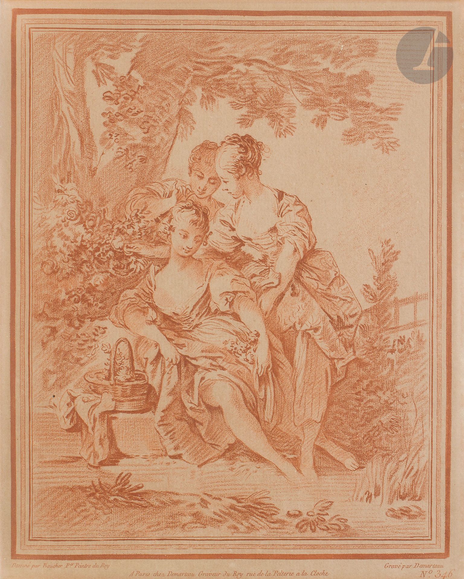 Gilles Demarteau (1722-1776)
Three young girls by a stream. Engraved in pencil after Boucher. Sight : 210 x 255 mm. I.F.F. 346. Printed in sanguine. Good proof on laid paper, very sunny. Framed.