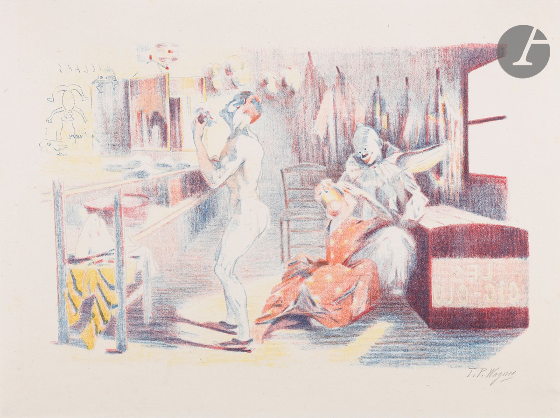 Théo P. Wagner (actif vers 1890-1900)
La Loge des clowns. 1897. Lithographie. 95 x 330 mm. Johnson 158. Impression en couleurs. Très belle et fraîche épreuve sur chine volant, signée au crayon. Toutes marges. Tirage à 100 épreuves pour l’Album d’estampes originales de la Galerie Vollard. Ex-coll. H. M. Petiet (Lugt 5031). 
Théo P. Wagner est un artiste mystérieux qui travaillait au cirque Molier, où il exécutait un numéro de trapéziste avec le duc de la Rochefoucauld. Il suscita l’attention de Huysmans qui lui consacra plusieurs lignes dans Certains (1889). L’auteur avait remarqué une aquarelle de l’artiste au Salon des Indépendants de 1884. Elle représentait des clowns au Cirque Molier. Wagner, dont on ne connaît pas la biographie, exposa également au Salon de la Rose-Croix (1892). Il produisit un petit nombre de lithographies. « Signac nous en apprend plus sur le personnage. Il nous dit qu’il était un ‘musculeux athlète, compagnon de trapèze du duc de la Rochefoucauld. Ensemble ils faisaient un numéro au concert de la rue de Lyon et ce Wagner s’y cassa une jambe. […] Tous deux travaillent maintenant chez Molier. […] Théo Wagner était élève de l’École des Beaux-Arts ainsi que le duc acrobate. Seurat les y a connus. Théo, peu fortuné, posait le nu – superbe – une semaine, et la semaine suivante, dans le même atelier, peignait consciencieusement le modèle qui l’avait remplacé. Entre-temps, vendait des boutons de manchette sous les portes et, en compagnie de Sali et autres, se promenait nu dans la forêt de Fontainebleau. Fut un assidu du premier « Chat Noir ». L’atelier où il fit l’aquarelle Le Cirque Molier était situé 13 rue Ravignan…’, autrement dit à l’emplacement du Bateau-Lavoir, avant qu’il ne porte ce nom illustre. » (J. Bailly-Herzberg, Dictionnaire de l’Estampe en France 1830-1950, Paris, Flammarion, 1985, p. 341).
