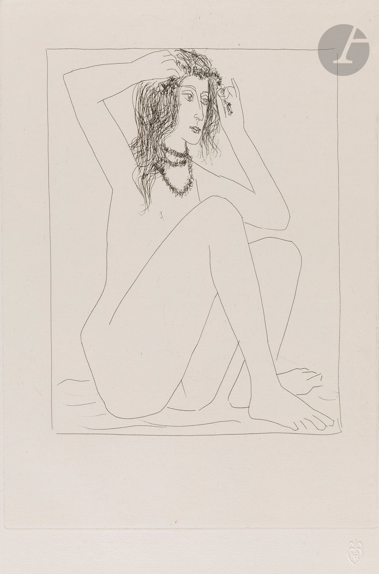 Pablo Picasso (1881-1973)
Nude Woman Crowning herself with Flowers. (Suite Vollard, pl. 2). September 16, 1930. Etching. 220 x 310 mm. Bloch 135; Baer 195 B d. A perfect proof on Montval laid paper with the "Vollard" watermark, from an edition of 260 small-margin proofs [340 x 445 mm], unsigned. All margins unscratched. Dry stamp: H. M. Petiet (Lugt 5462). 
