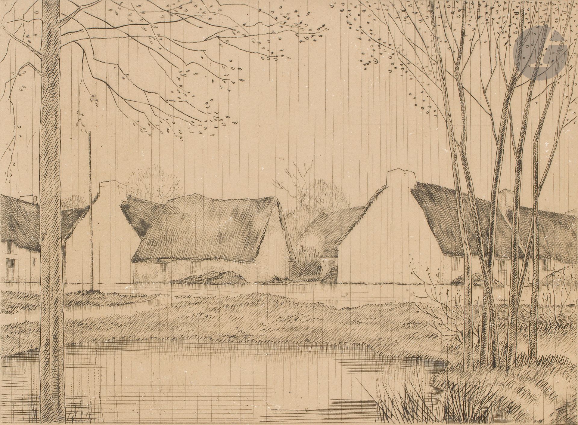 Jean-Émile Laboureur (1877-1943)
Le Village sous la pluie. 1932. Eau-forte. À vue : 300 x 270 mm. Laboureur 459. Belle épreuve sur vélin, insolée, signée et annotée au crayon « ép. d’artiste ». Marges. Tirage définitif à 44 épreuves (outre 248 posthumes). Cadre. Joint : Hiver en Brière. 1934. Eau-forte. À vue : 305 x 260. Laboureur 487. Belle épreuve sur vergé ancien, numérotée par l’épouse de l’artiste au crayon. Oxydation du feuillet et quelques rousseurs. Marges. Tirage à 124 épreuves. Cadre. Ens. 2 p.