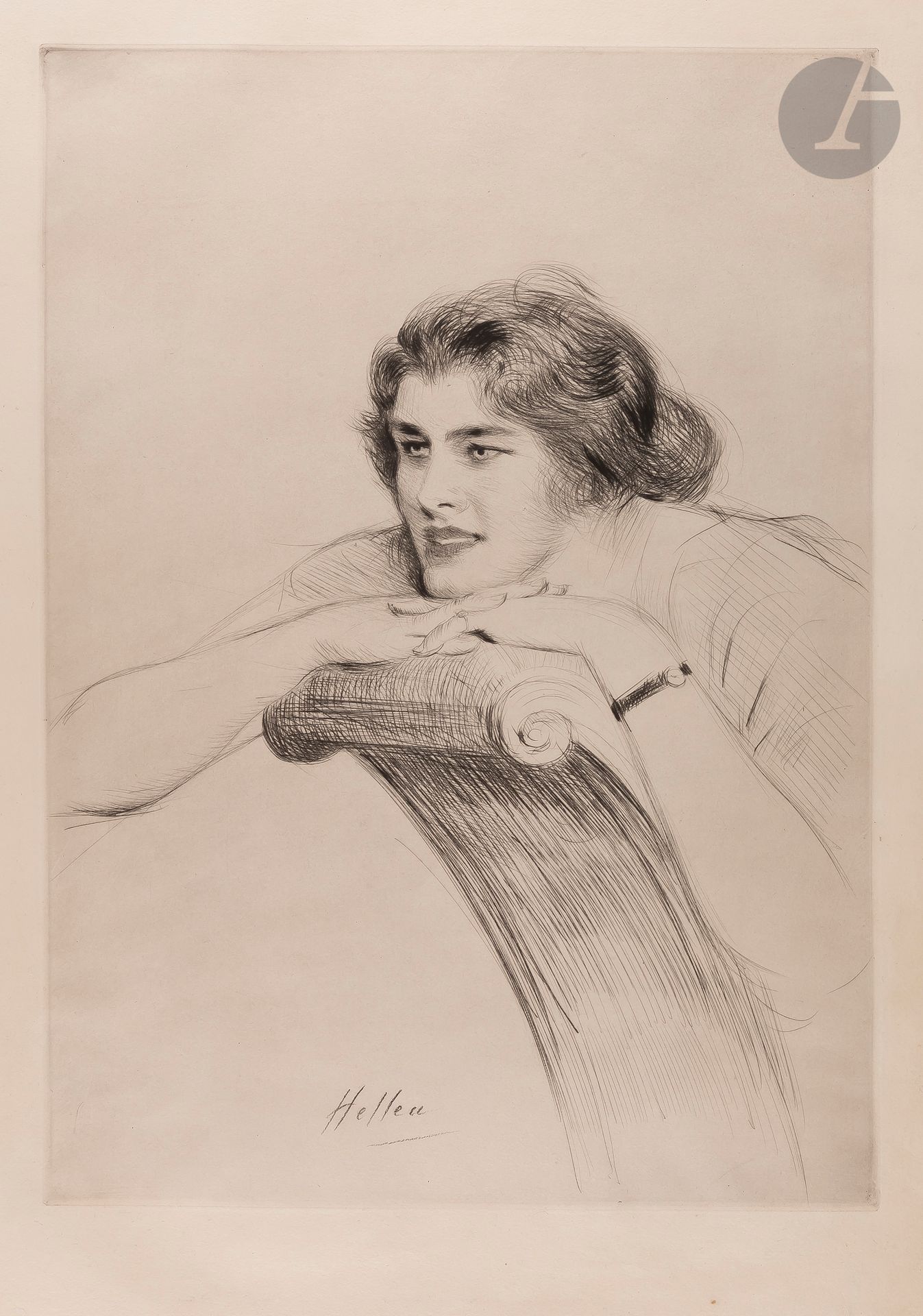 Paul-César Helleu (1859-1927)
Woman leaning on the armrest of an armchair. About 1920. Drypoint. 380 x 535 mm. Beautiful proof on ivory vellum, with a signature in black stone at the foot of the subject. A spot of rust in the lower margin. All margins untrimmed.
