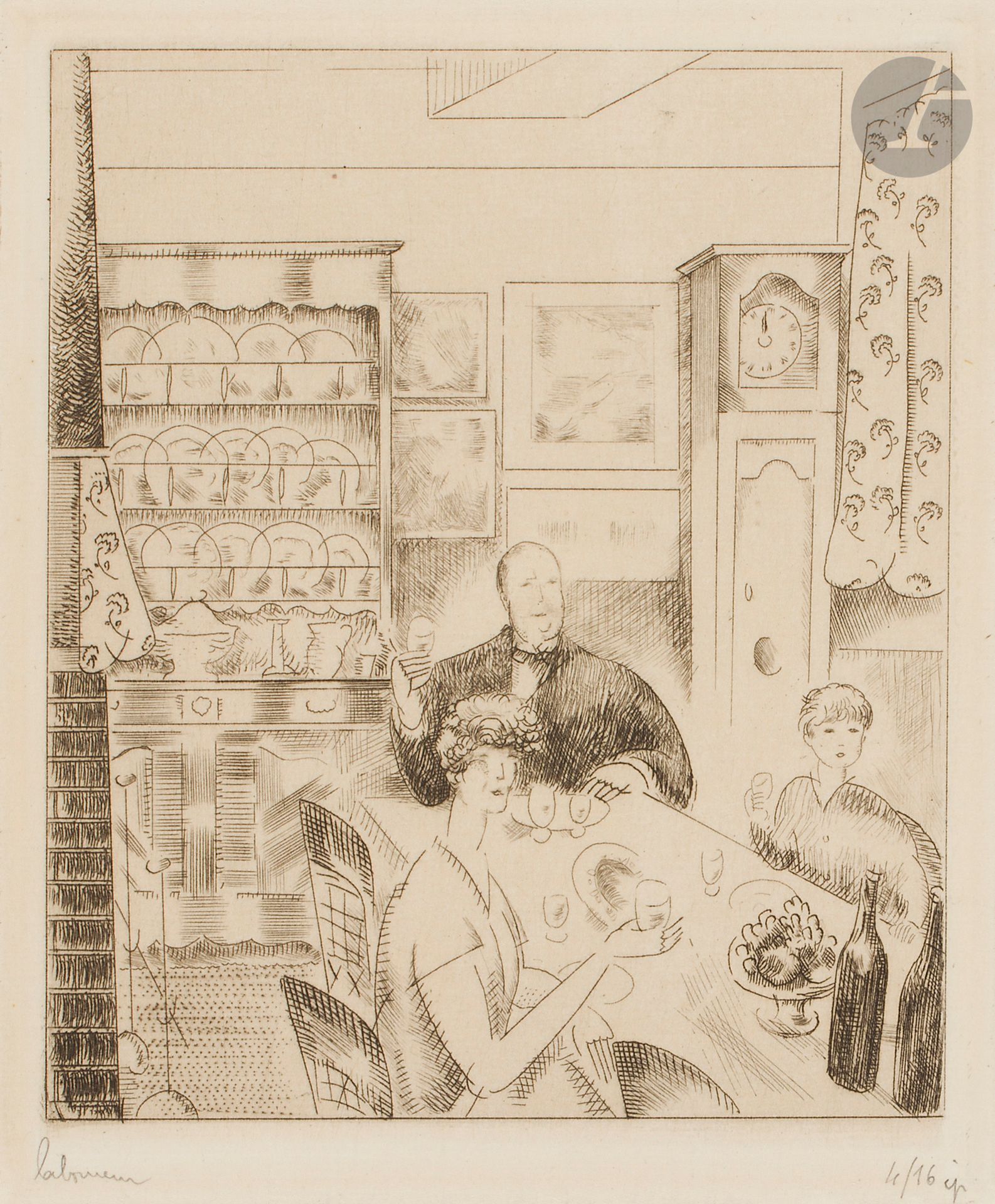 Jean-Émile Laboureur (1877-1943)
L’Artiste et sa famille. (Carte de vœux pour 1926). 1925. Eau-forte, burin et roulette. 94 x 114 mm. Laboureur 318. Très belle épreuve sur vélin ivoire, du 2e état (sur 3), avant la lettre, signée et numérotée au crayon. Toutes marges. Tirage à 16 épreuves. Timbre sec : H. Petiet éditeur (Lugt 2021a).