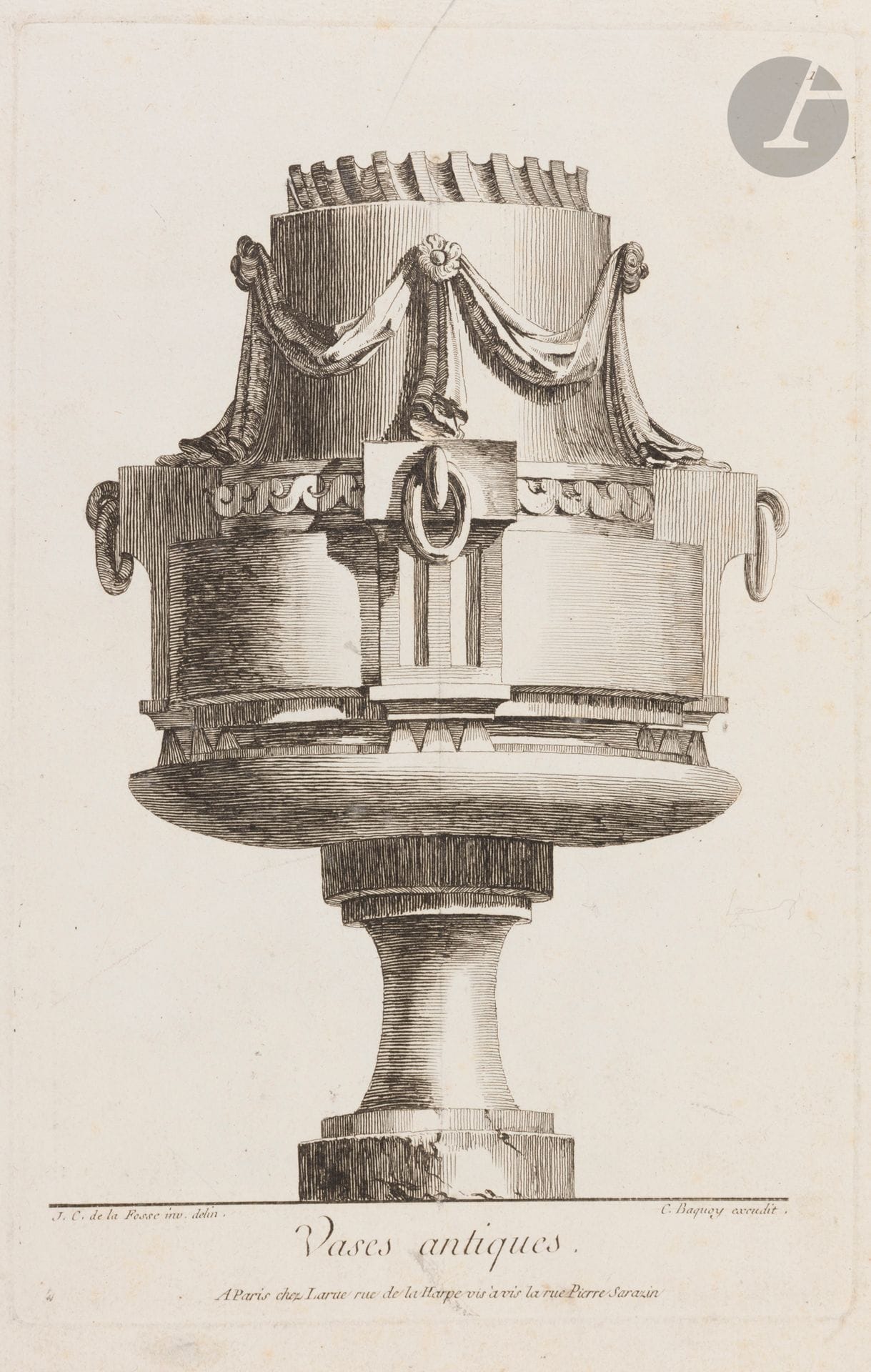 Anciens, vases, trophées
Deux albums : 1) Recueil de vases composés et gravés par Percenet Architecte. 1761-1762. Eau-forte. Format de l’album : 250 x 310 mm. Réunion de 2 suites de 7 pl. chacune. Belles épreuves, certaines remargées. 2) Recueil composite de 6 vases antiques gravés par Baquoy d’après J. C. de la Fosse et 5 autres sujets (trophées, appliques). Eau-forte. Format de l’album : 280 x 345. Rousseurs, salissures, petites taches et traces de frottement. Demi-rel. à coins, plats papier marbré, dos à nerfs, titre et ornements dorés. Ex-libris M. Lefrancq au 1er, L. A. Lefrancq au 2e.