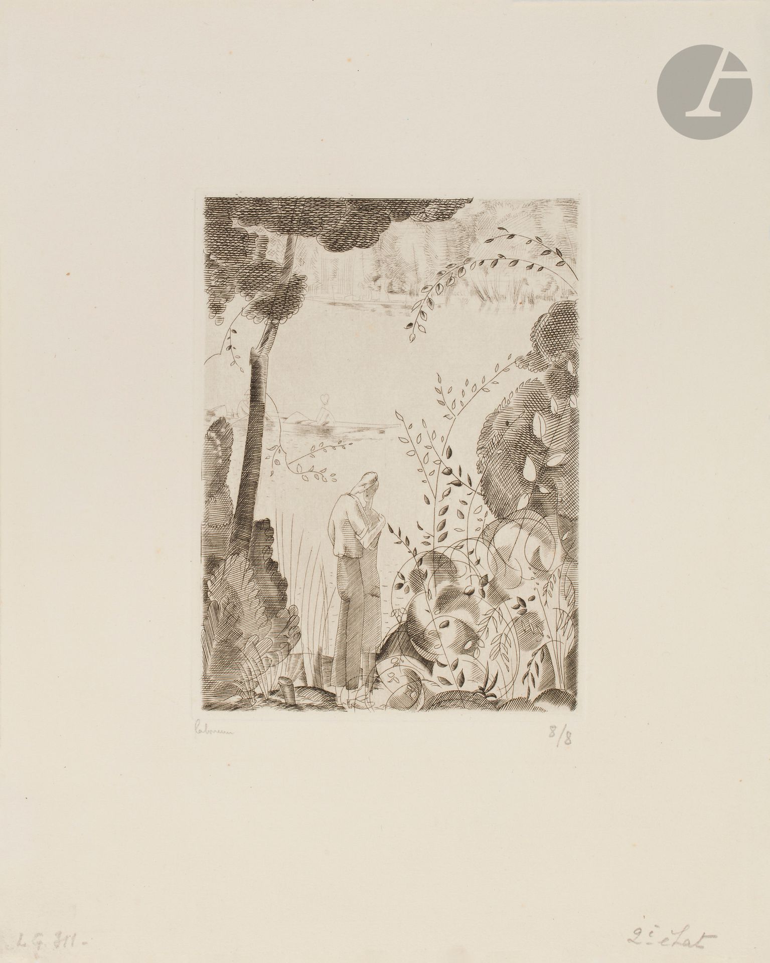 Jean-Émile Laboureur (1877-1943)
Les Amoureux du bord de l’eau. 1925. Burin. 115 x 155 mm. Laboureur 311. Parfaite épreuve sur vélin crème, du 2e état (sur 3), avant le monogramme, signée et numérotée au crayon. Toutes marges. Tirage à 8 épreuves de cet état. Tirage total à 96 épreuves.