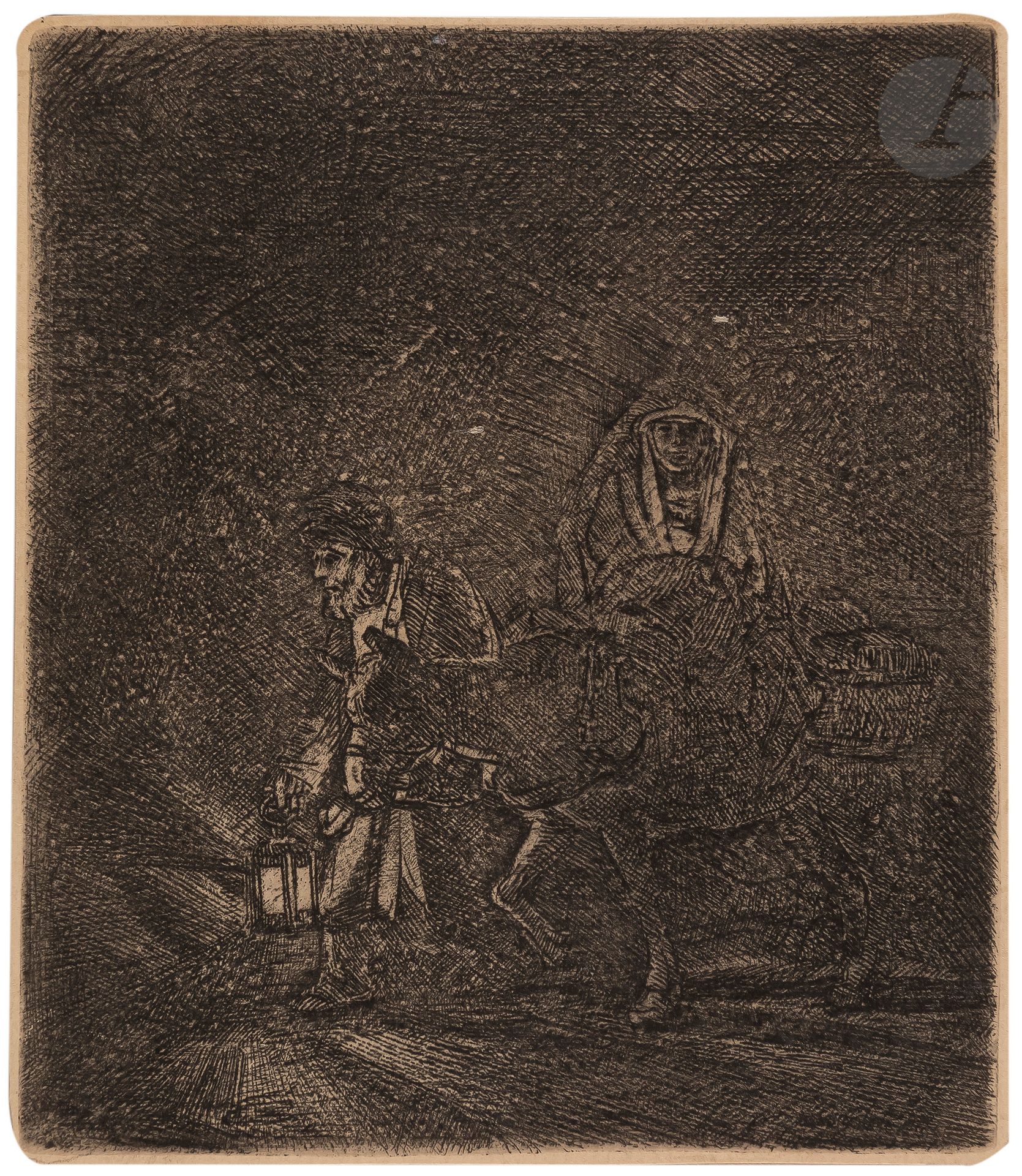 Rembrandt Harmensz. van Rijn (1606-1669)
Fuite en Égypte, effet de nuit. 1651. Eau-forte, burin et pointe sèche. 110 x 127 mm. Bartsch 53 ; New Hollstein 262. Belle épreuve sur vergé mécanique ivoire, rognée au coup de planche, avec de nombreux travaux de reprise, d’un tirage effectué par Bernard (fin XIXe s.). Oxydation du feuillet au verso.