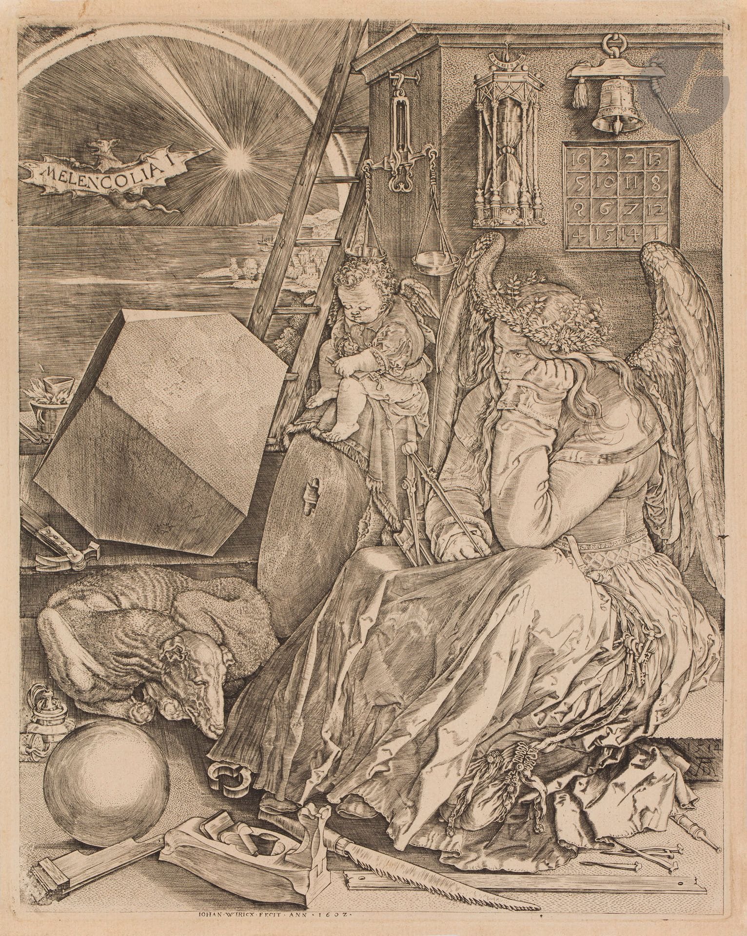 Johannes Wiericx

Melencolia I. 1602. Burin d’après Dürer. 188 x 235 mm. Mauquoy-Hendrickx 1556. Bonne épreuve d’un tirage postérieur sur vergé mécanique (XIXe s.). Petits arrachements dans les angles supérieurs. Marges étroites.