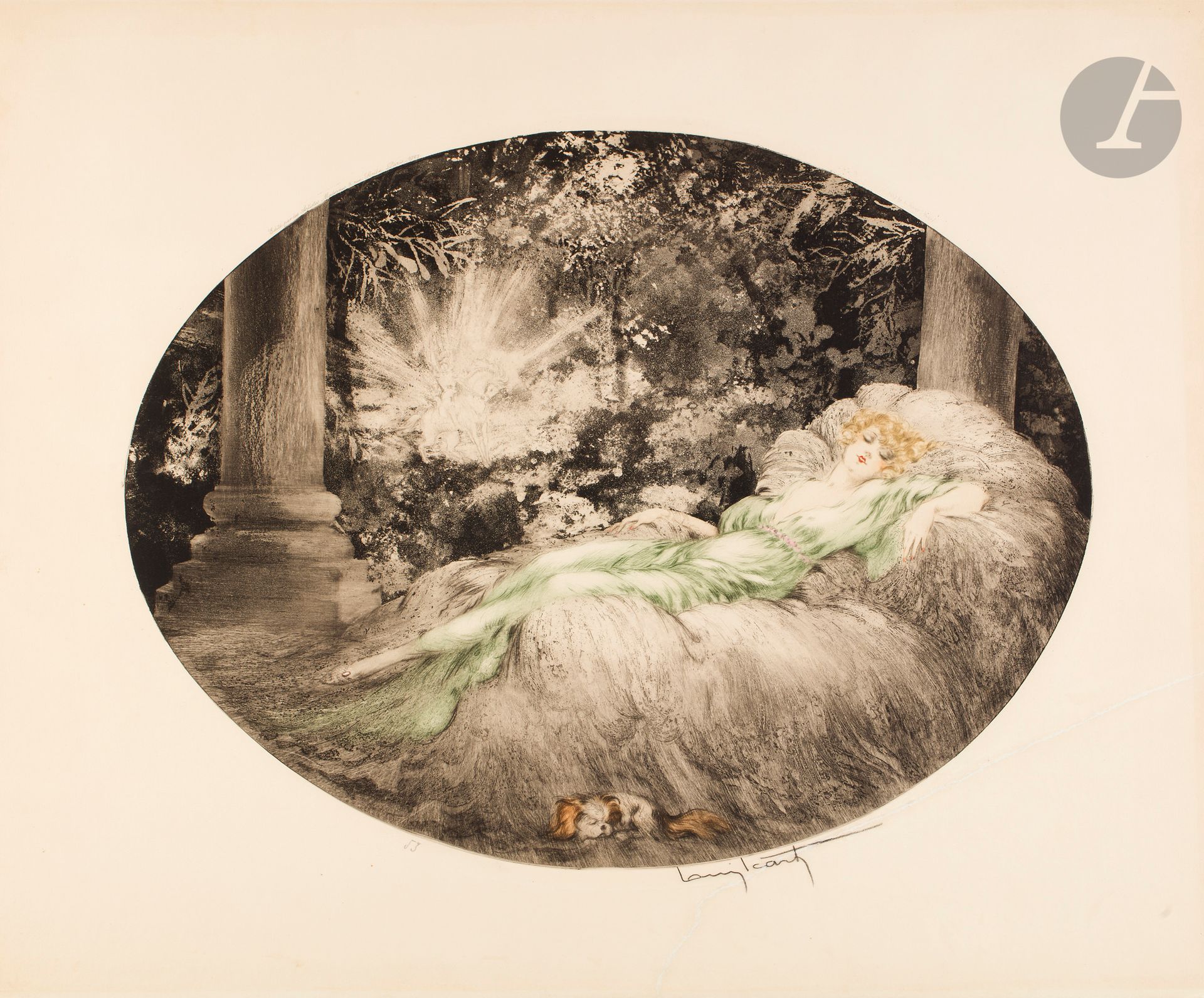 Louis Icart (1888-1950)

Sleeping Beauty. 1927. Drypoint and aquatint. Subject: 470 x 370 mm. Holland et al. 323. Printed in colors. Proof on vellum, numbered and signed in pencil, pasted in full on board. Long oblique tear restored in the lower right quarter of the sheet, crossing the signature. All margins.