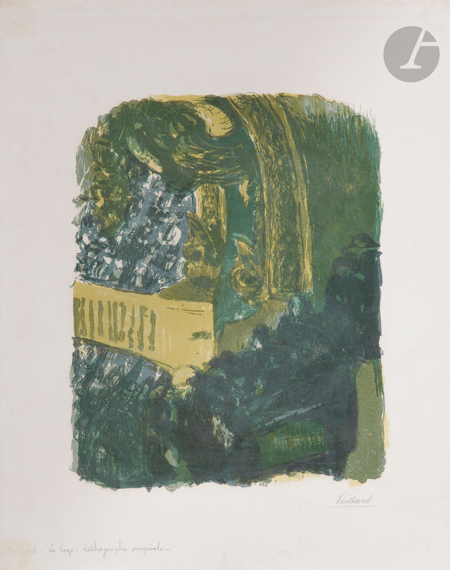 Édouard Vuillard (1868-1940)
Une galerie au Gymnase. 1900. Lithographie. 190 x 245 mm. Roger-Marx 48. Impression en couleurs. Belle épreuve sur vélin blanc, du tirage pour Insel-Verlag (avec son timbre au centre au verso), avec la pierre de bleu et non de violet, finement doublée sur japon pelure. Annotations au crayon en marge inférieure. Toutes marges.