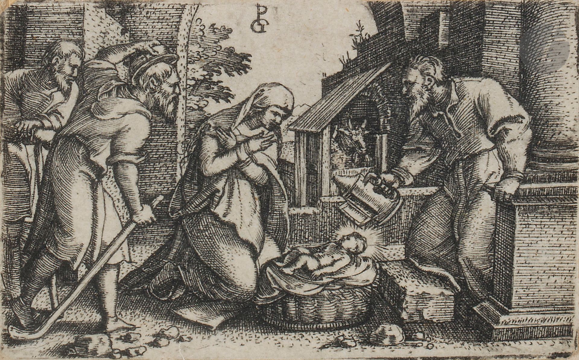 Georg Pencz (vers 1500-vers 1550
La Nativité. Burin. 51 x 31 mm. Bartsch 30. Épreuve rognée au sujet. Cadre.