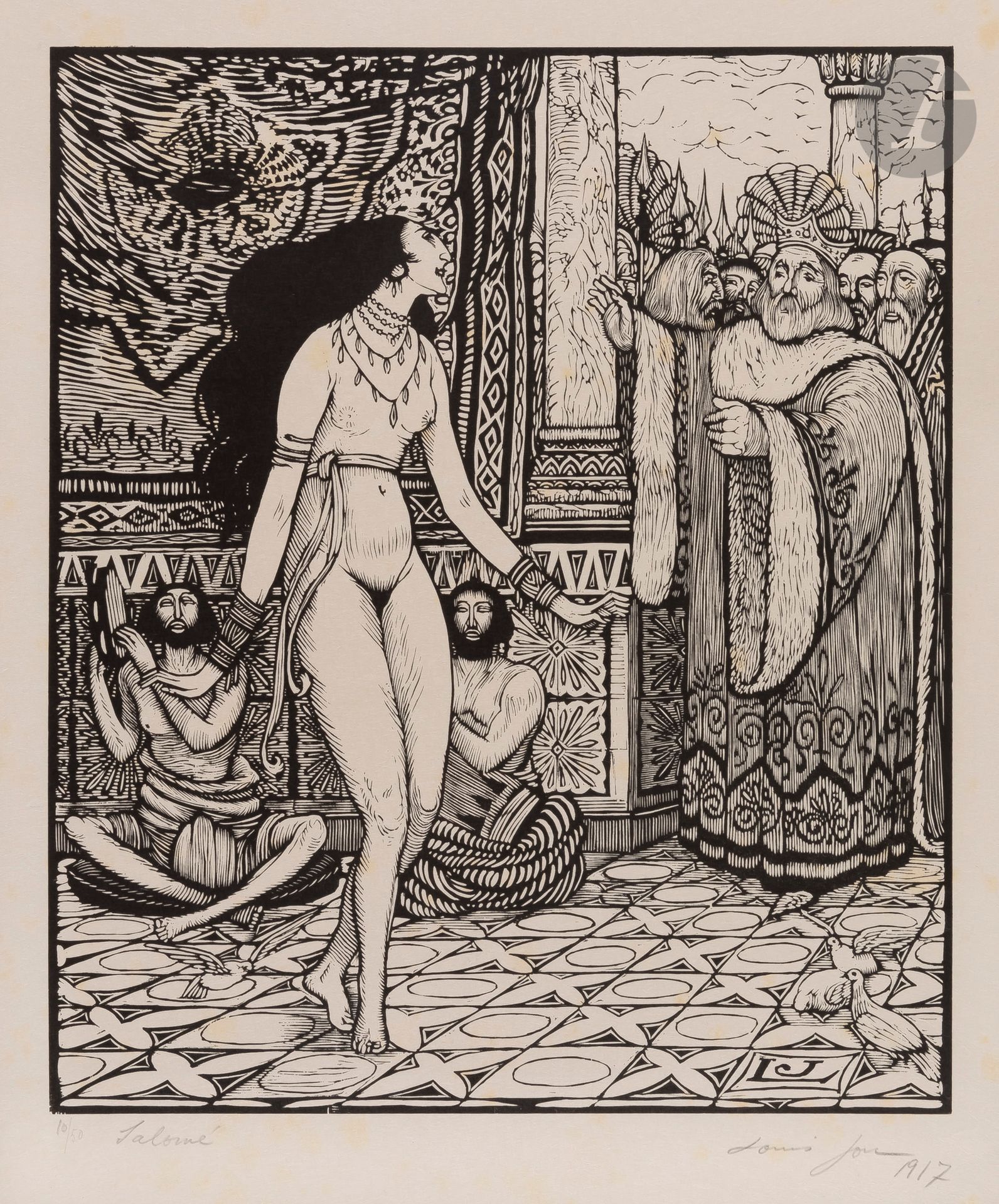Louis Jou (1882-1968)

Salomé. 1917. Bois gravé. 255 x 305 mm. Très belle épreuve sur japon, numérotée, titrée, signée et datée au crayon. Rousseurs claires éparses. Toutes marges. Tirage à 50 épreuves.