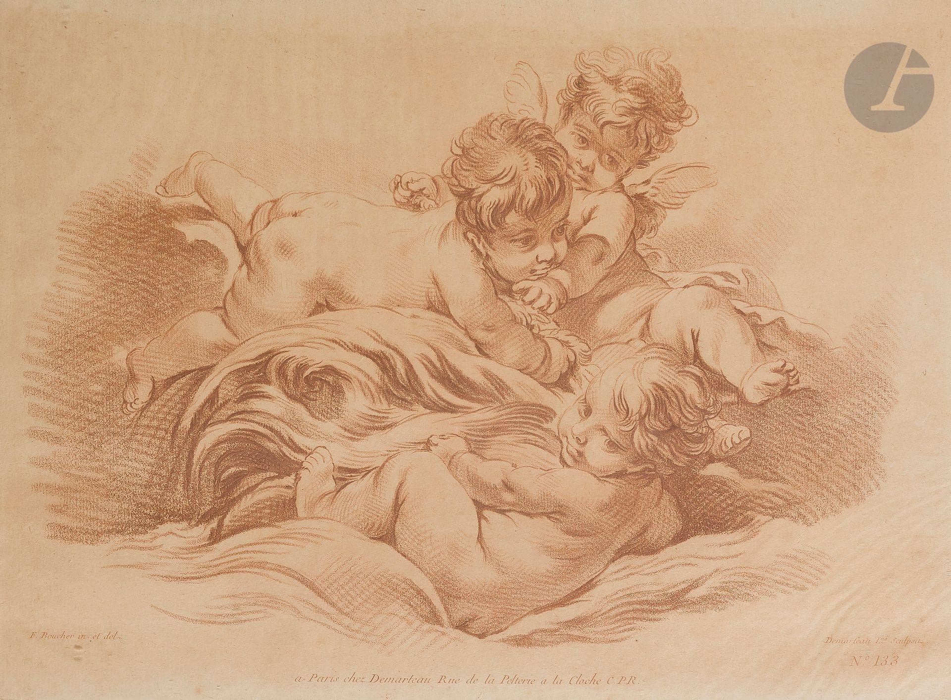 Gilles Demarteau (1722-1776)
Three loves playing on a dolphin. Engraving in pencil manner after Boucher. Sight : 480 x 340 mm. I.F.F. 133. Printed in sanguine. Beautiful proof on laid paper, oxidized. Scattered light foxing. Good margins, the bottom one irregular. Louis XVI period frame in gilt wood, decorated with rope (wear).
