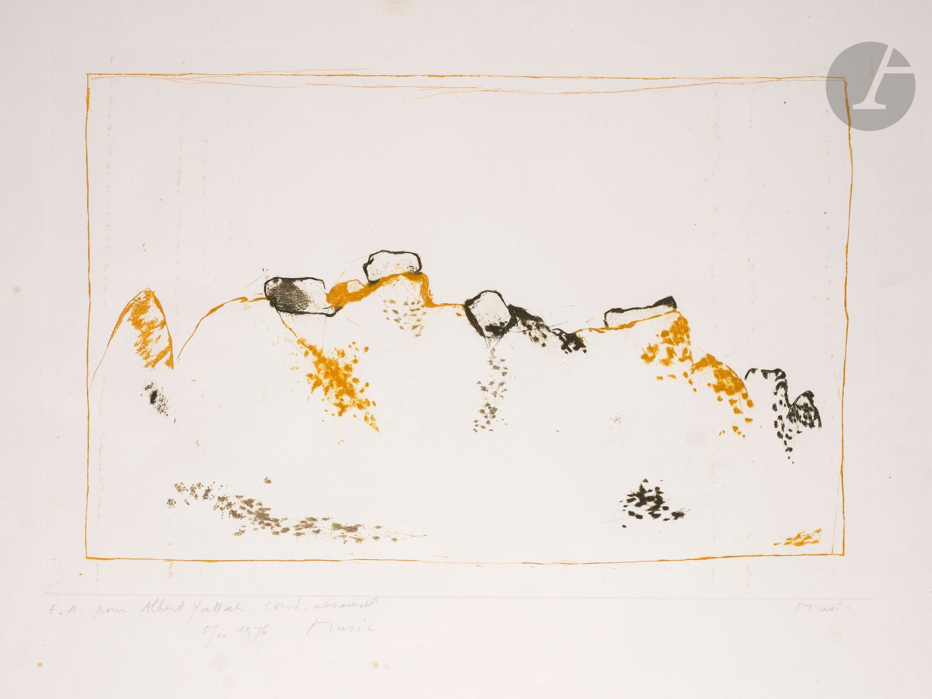 Zoran Mušič (italo-slovène, 1909-2005)

Paysage italien. 1969. Pointe sèche. À vue : 645 x 485 mm. Frélaut 140. Impression en couleurs (noir et jaune moutarde). Très belle épreuve sur vélin blanc, justifiée « E.A » et signée au crayon, puis dédicacée « pour Albert Yattah cordialement / 5 III 1976 » et resignée. Annotation le long du bord du feuillet en marge inférieure : « Paysage italien pointe sèche 1968 ». Quelques rousseurs claires. Toutes marges. Tirage définitif à 100 épreuves. Meneghini, Venise, éd. Cadre. 
