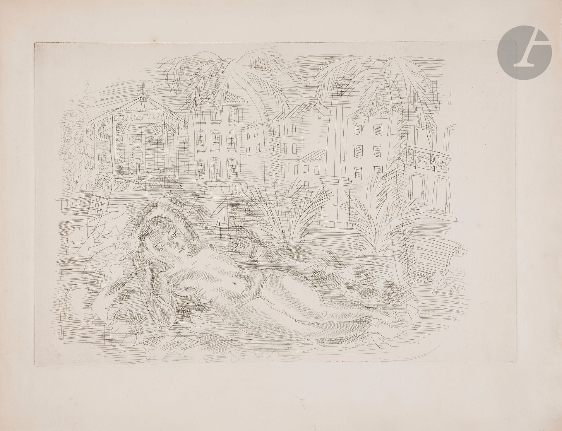 Raoul Dufy (1877-1953)

Nu couché aux palmiers avec fond de Côte d’Azur. Vers 1930. Eau-forte. Lafeuille : 575 x 455 mm. Johnson 37. Très belle épreuve sur vélin fort, non signée comme à l’ordinaire. Légère oxydation du feuillet. Toutes marges non ébarbées. A. Vollard éd.
