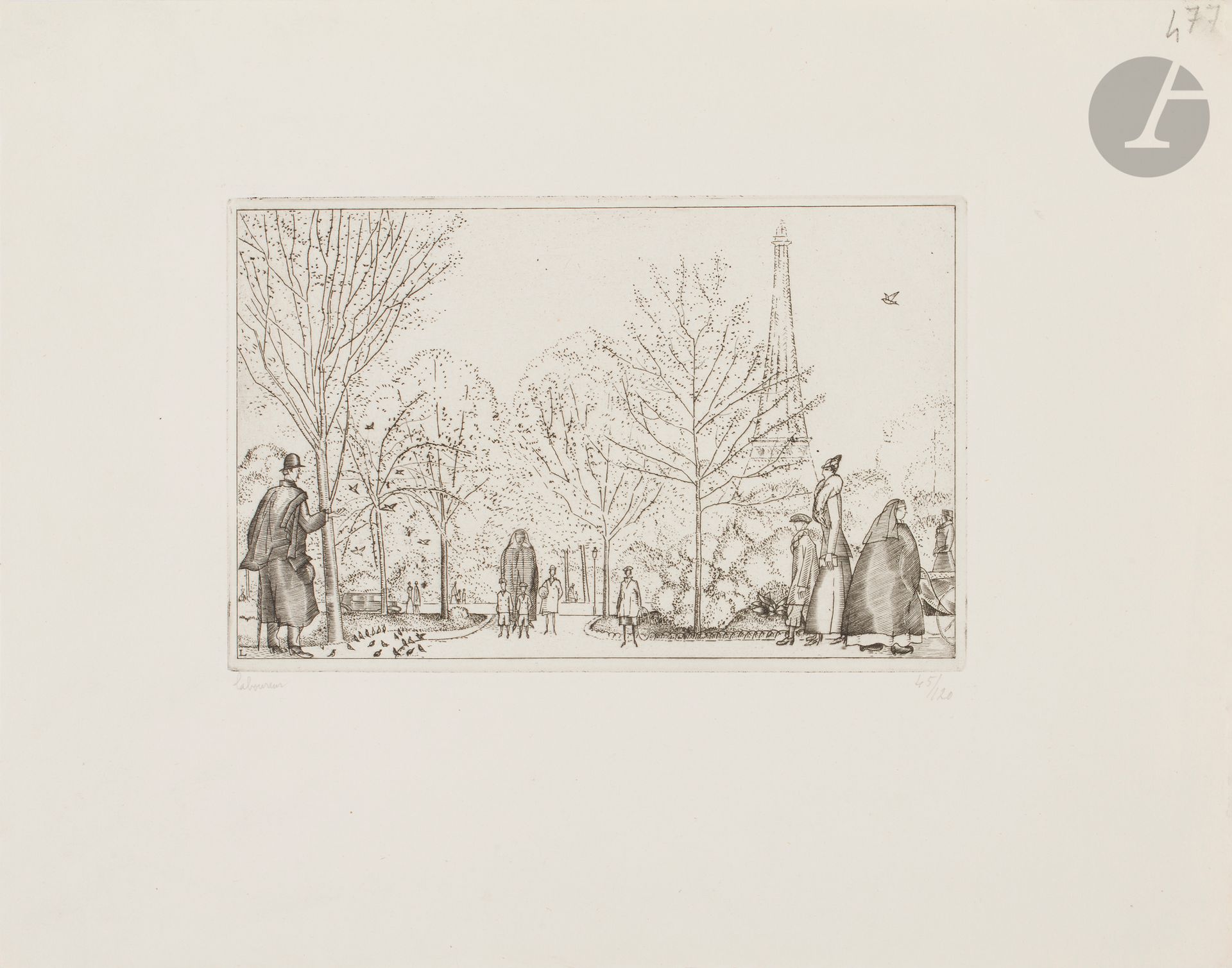 Jean-Émile Laboureur (1877-1943)
The Sparrow Charmer. 1933. Etching and burin. 192 x 123 mm. Laboureur 477. Very nice proof on thin cream vellum, signed and numbered in pencil. All margins. Total edition of 75 proofs.