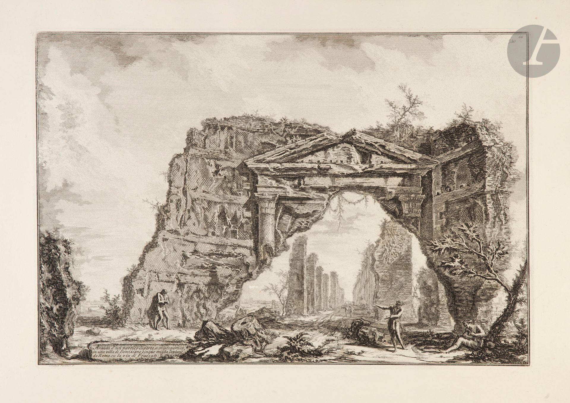 Giambattista Piranesi (1720-1778)

Avanzi d'un portico coperto, o criptoportico in una Villa di Domiziano… (Entrée de la villa dite « Sette Bassi » sur la route de Frascati). 1766. Eau-forte et burin. 610 x 425 mm. Hind 79. Belle épreuve d’un tirage moderne sur vélin fort, avec les numéros, soigneusement lavée. Petite épidermure au centre en surface. Très claire trace d’oxydation au bord droit. Bonnes marges.