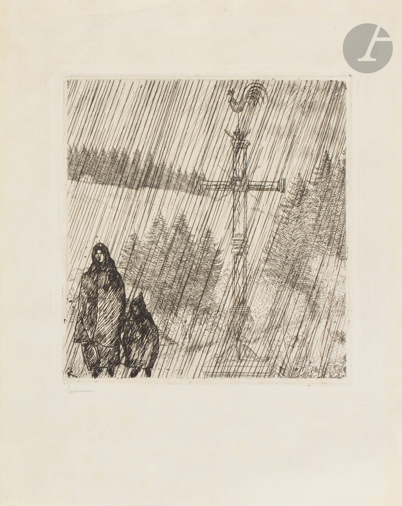 Jean-Émile Laboureur (1877-1943)
La Croix de mission, Jura. 1936-1939. Eau-forte. 178 x 196 mm. Laboureur 517. Belle épreuve sur vélin blanc, signée au crayon. Traces de plis obliques dans l’angle supérieur gauche. Toutes marges.