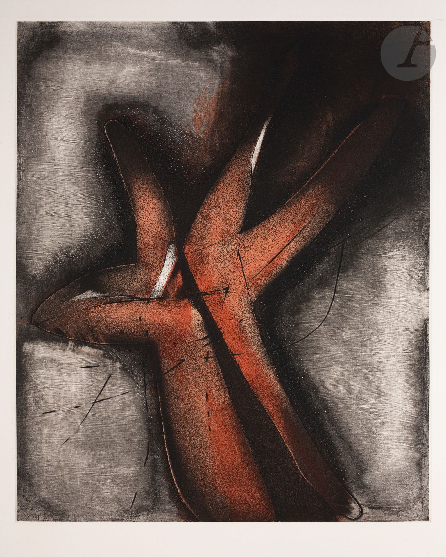 Enrique Zañartu (Franco-Chilean, 1921-2000) Butor (Michel).
Rencontre. Paris, éd. du Dragon; Stocholm, Hermann Igell, 1962. A large album in-fol. [525 x 670 mm] in ff. containing 5 engravings (etching and aquatint) by the artist illustrating the text of Mr. Butor, 2 of them in color. A few rare light freckles on the first blank leaves. Total edition of 55 copies, this one, very fresh, one of the 5 justified H.C., signed by the author and by the artist. Brown cloth portfolio decorated with a design by the artist on the upper cover, beige cloth slipcase of the edition, also decorated on the upper cover. This is the first book that Butor produced in association with a painter. The editor asked the writer for a text after having submitted the engravings.