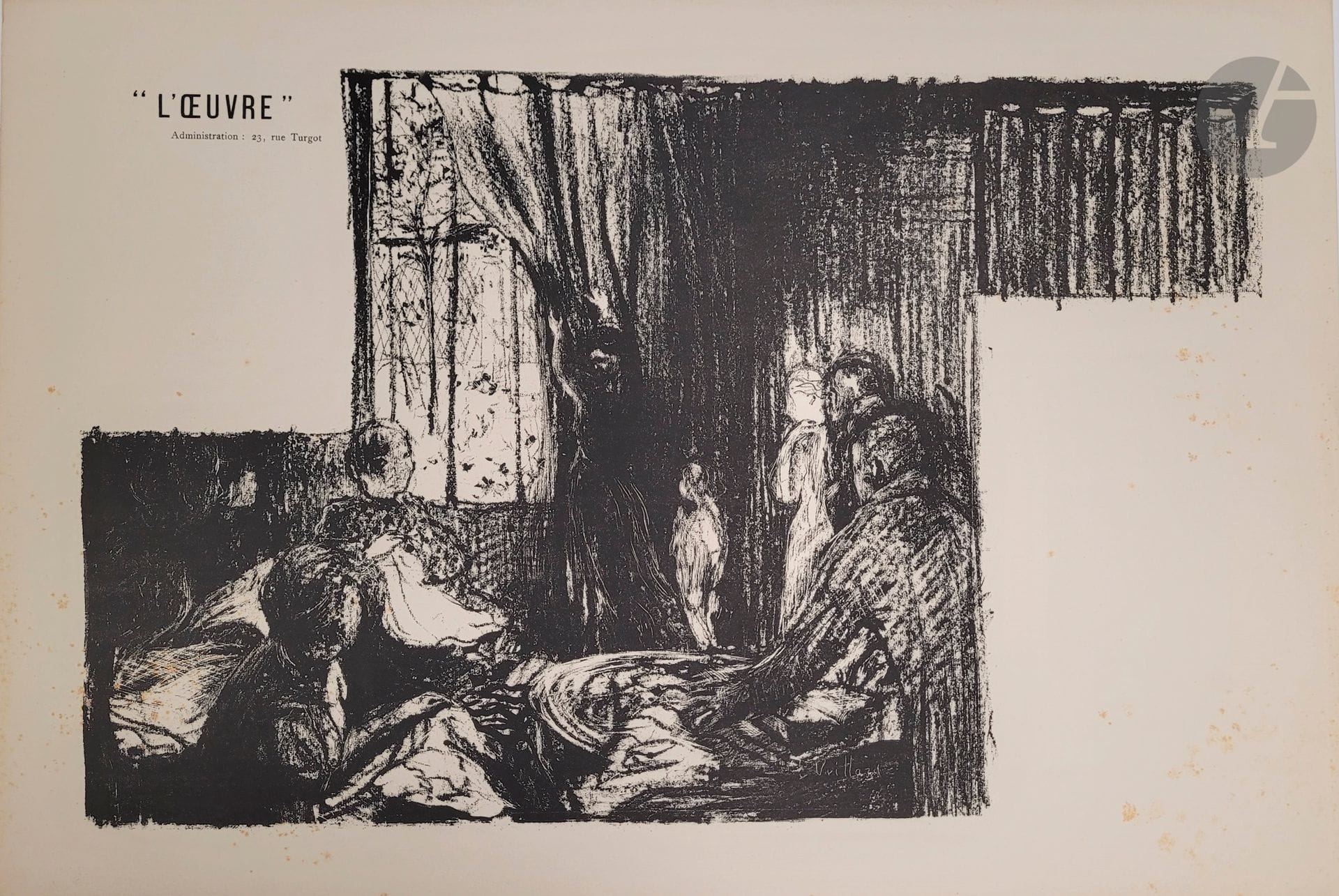 Édouard Vuillard (1868-1940)
Les Soutiens de la société. (Pièce en 4 actes de Henrik Ibsen). Programme pour le Théâtre de l’œuvre. 1896. Lithographie. 495 x 315 mm. Roger-Marx 24 ; Aitken 85. Belle épreuve sur vélin glacé ivoire, d’un état intermédiaire non décrit, entre le 1er et le 2e, avec la mention « L’œuvre » mais avant la distribution. Rousseurs éparses. Court pli cassé dans l’angle inférieur gauche du feuillet. Bande d’empoussiérage au bord droit au verso. Toutes marges.