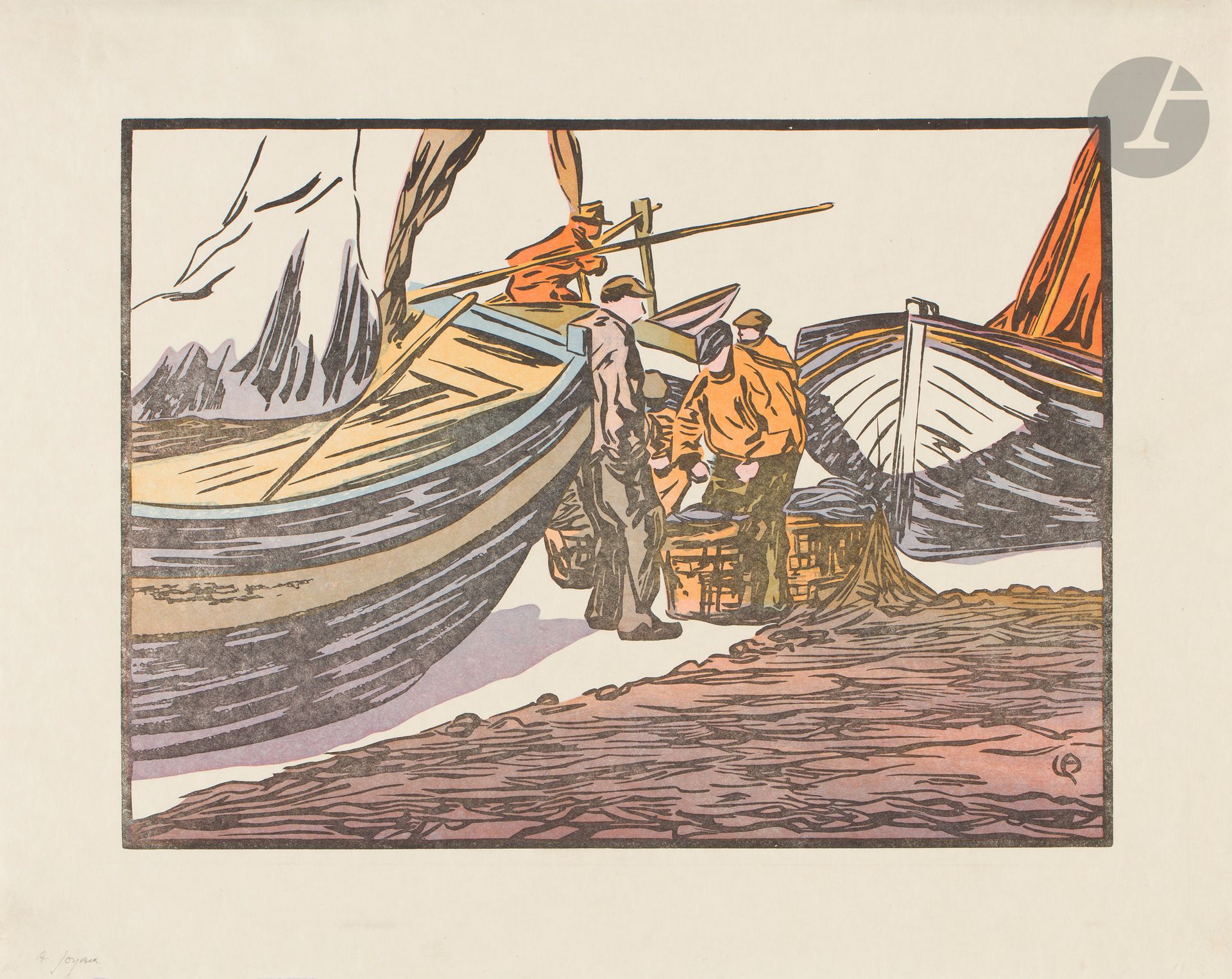 Amédée Joyau (1872-1913)
L’Appareillage, Yport. 1902-1903. Bois gravé. 274 x 203 mm. Curtis 44. Impression en couleurs. Très belle épreuve sur vélin crème. Toutes marges.