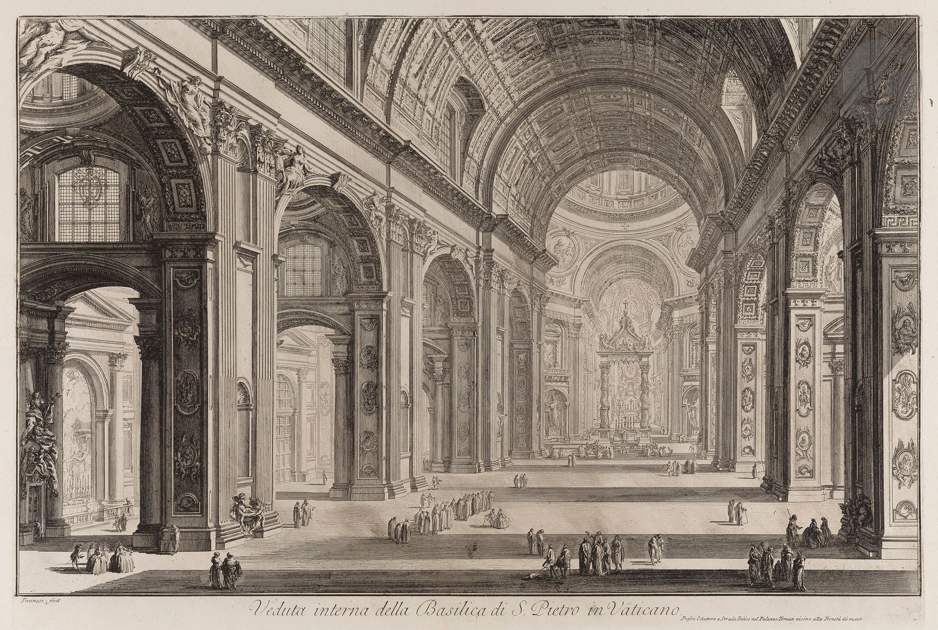Giambattista Piranesi (1720-1778)

Vues de la basilique Saint-Pierre. 1748-1773. Eau-forte et burin. Chaque feuille : 765 x 540 mm. Hind 4, 101 et 102. Très belles épreuves sur vergé fort, avant les numéros à droite. Numéro de folio à la plume et à l’encre sépia dans l’angle supérieur droit. Bord gauche irrégulier, déchiqueté, avec petits trous d’onglets de reliure et manques. H. 101 avec longue déchirure oblique au centre de la partie inférieure du sujet. Pli vertical médian fracturé en pied à 2 pl. Restaurations anciennes au verso au moyen de morceaux de papier collés. Grandes marges. 1er tirage parisien. Ens. 3 p.