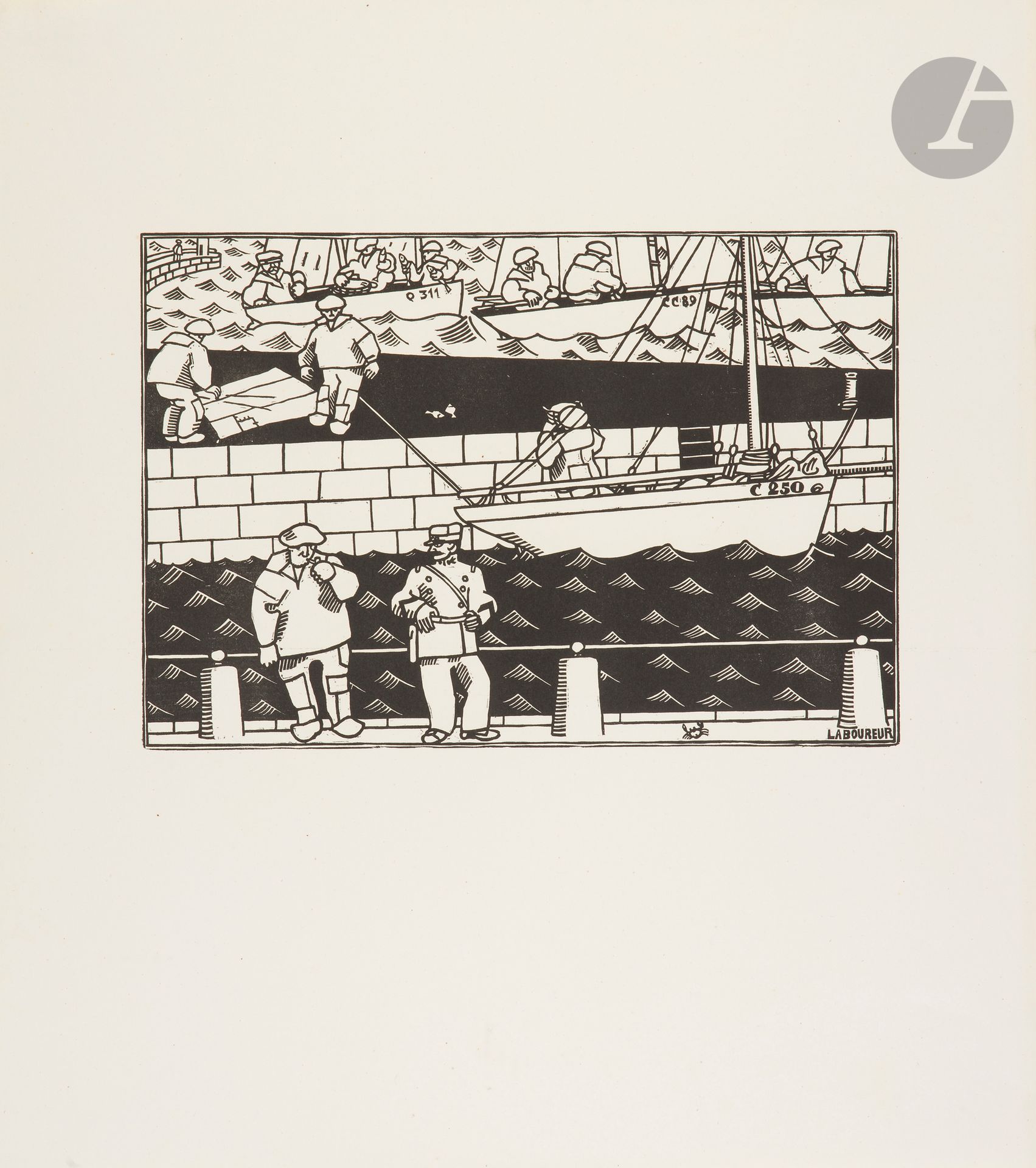 Jean-Émile Laboureur (1877-1943)
Les Matelots ivres ; La Rentrée au port ; L’Arrivée du poisson. (3 pl. des Quatre Images bretonnes). 1912-1914. Bois gravé. Chaque feuille : 500 x 570 mm. Laboureur 681, 698 et 706. Très belles épreuves sur vélin crème. Toutes marges. Ens. 3 p.