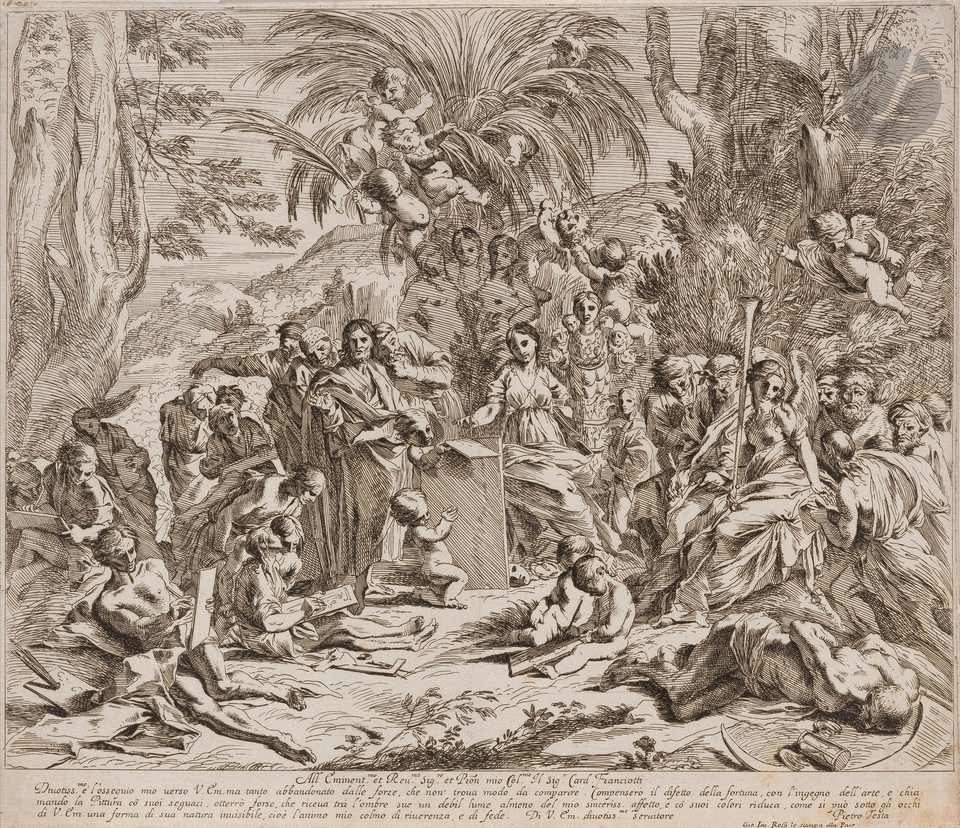 Pietro Testa (1617-1650)
La Peinture assise au milieu des plus habiles maîtres de l’art qui invitent leurs disciples à imiter la nature et ses grâces. Eau-forte. 332 x 290 mm. Bartsch 29. Très belle épreuve sur vergé, rognée au coup de planche. Fines bandes de papier gommé aux bords du feuillet au verso. Quelques rousseurs claires en bas à droite.