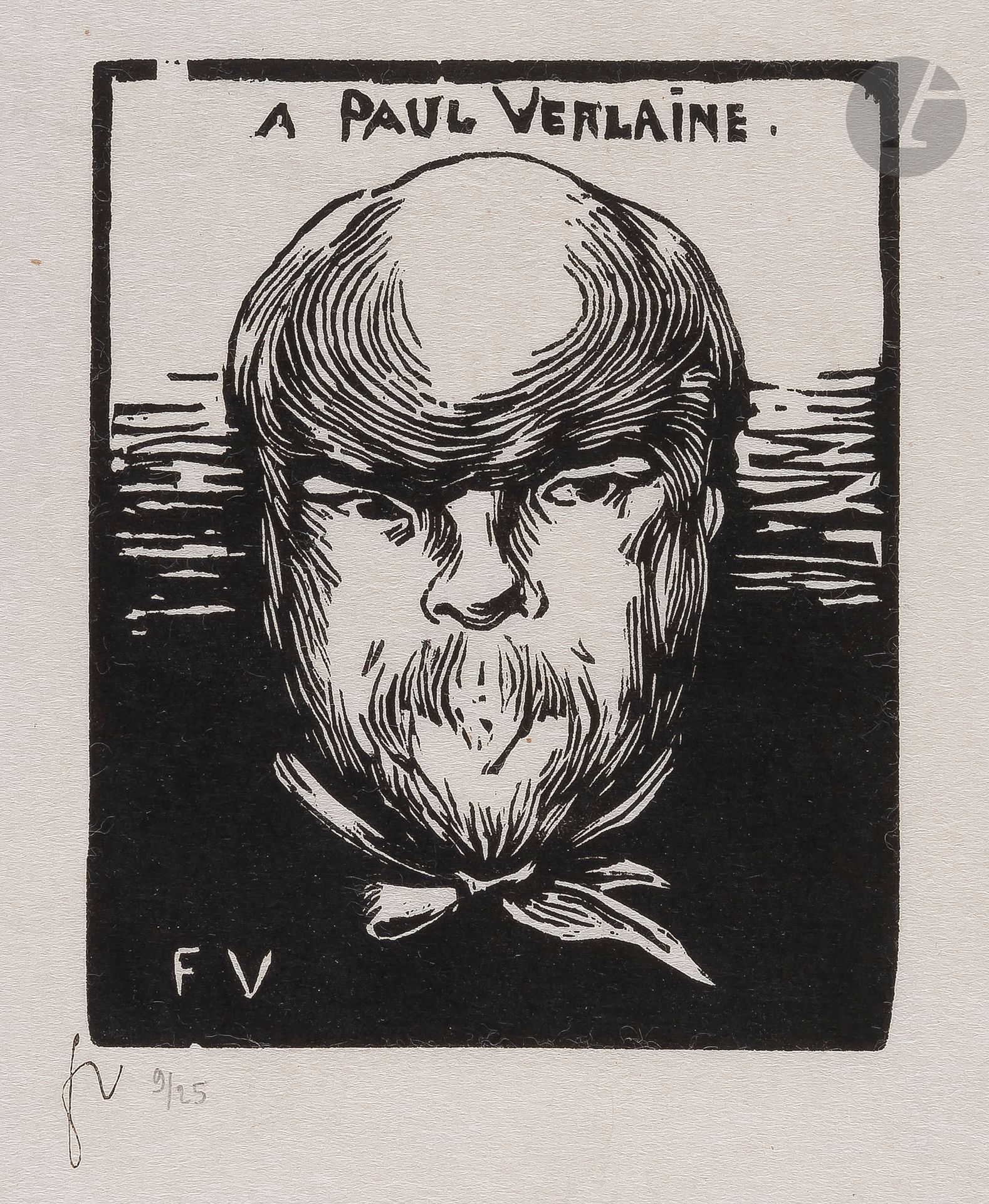 Félix Vallotton (1865-1925)
À Paul Verlaine. 1891. Bois gravé. 105 x 130 mm. Vallotton et Goerg 80 d. Très belle épreuve sur japon, timbrée (Lugt 1051a) et numérotée au crayon, du tirage posthume à 20 épreuves. Très fines traces de plis obliques dans l’angle supérieur gauche du feuillet. Toutes marges.