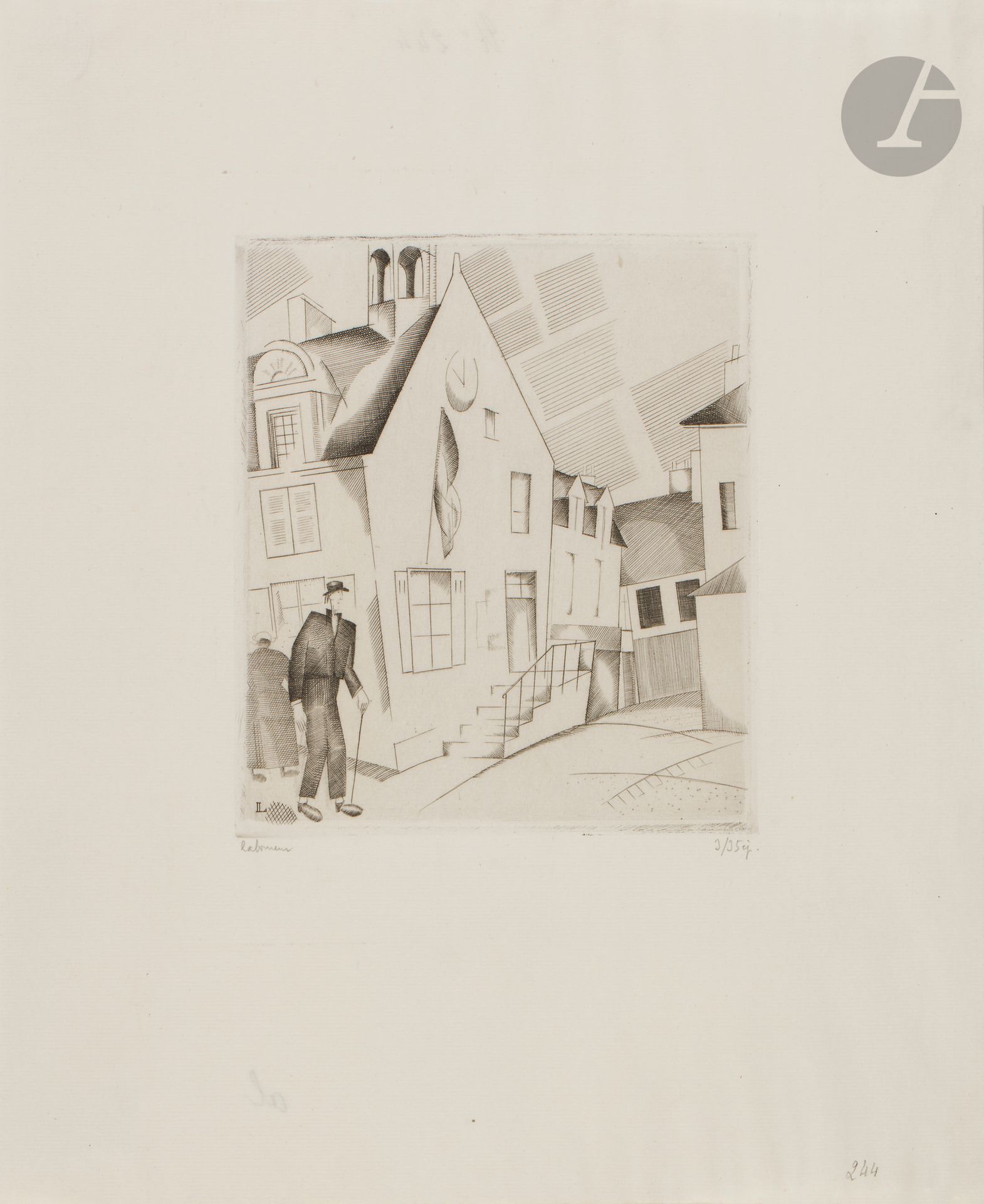 Jean-Émile Laboureur (1877-1943)
Le Petit hôtel de ville (La Roche-Bernard). 1922. Burin. 105 x 122 mm. Laboureur 244. Parfaite épreuve sur vélin blanc mince, signée et numérotée au crayon. Toutes marges. Tirage total à 47 épreuves.